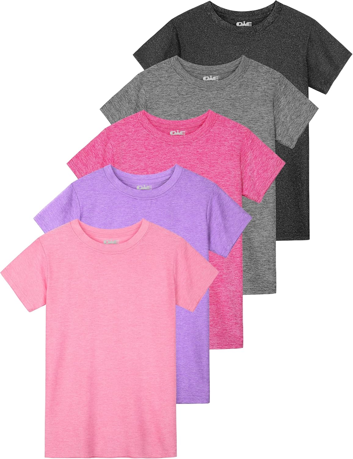 QWE 5 Pack Girls Shirts Athletic Dry-Fit Shirts for Girls Short Sleeve Tshirts Kids Clothes Teens Tops