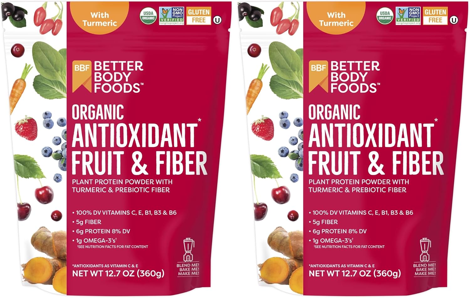 BetterBody Foods Organic Antioxidant Fruit and Fiber Superfood Blend,12.7 Ounce,Powder,(Pack of 2)