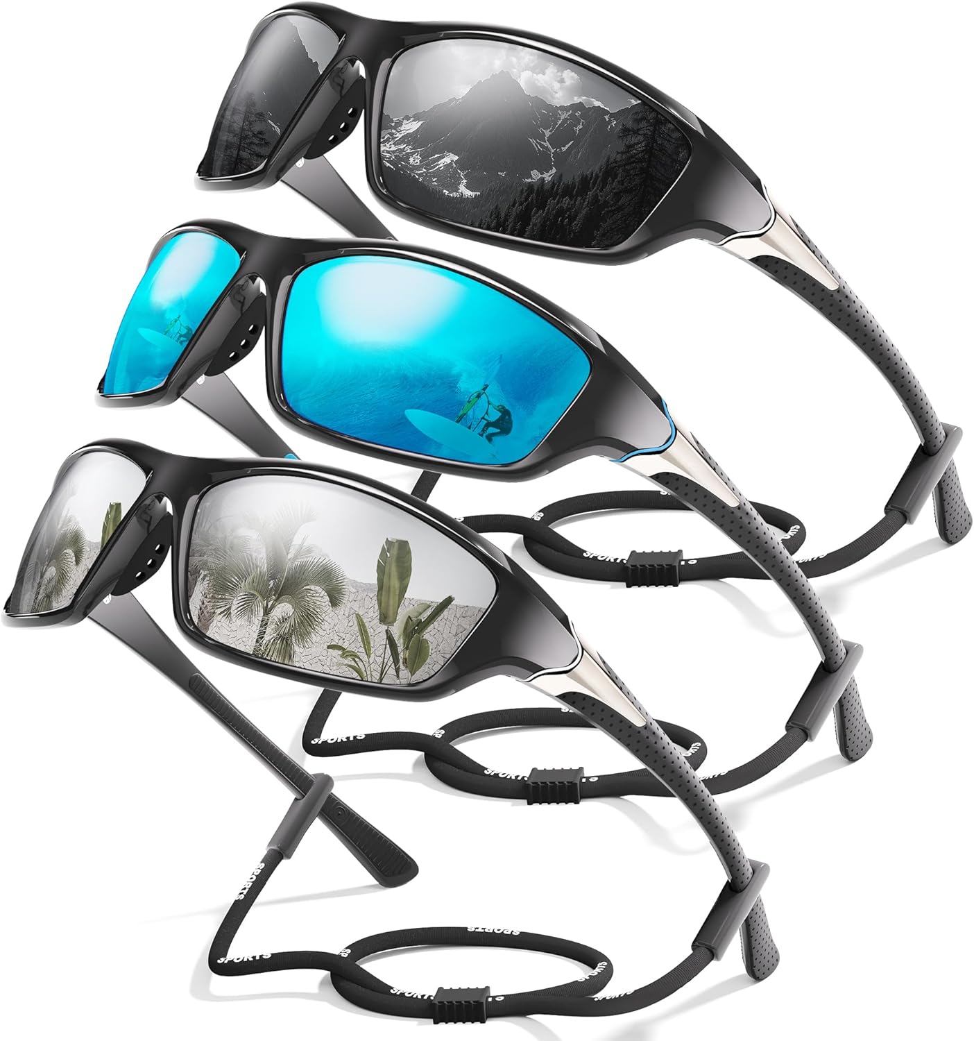 Foliful 3 Pack Polarized Sports Sunglasses for Men, Mens Sunglasses Wrap Around UV Protection for Cycling Fishing Driving