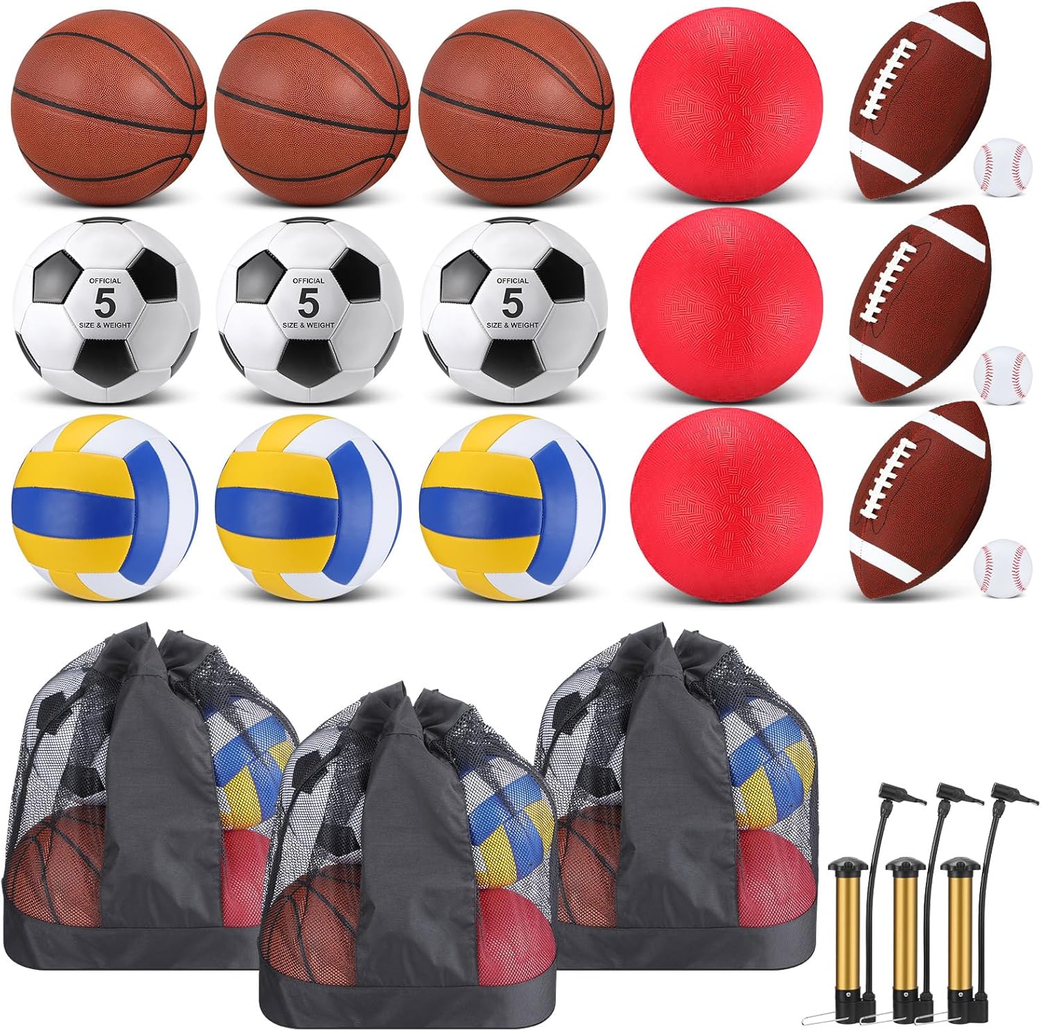 Leyndo 18 Pcs Sport Balls Bulk Set Basketball Football Volleyball Soccer Playground Baseball with Sport Equipment Bag Pump for Adults Gifts Outdoor Indoor