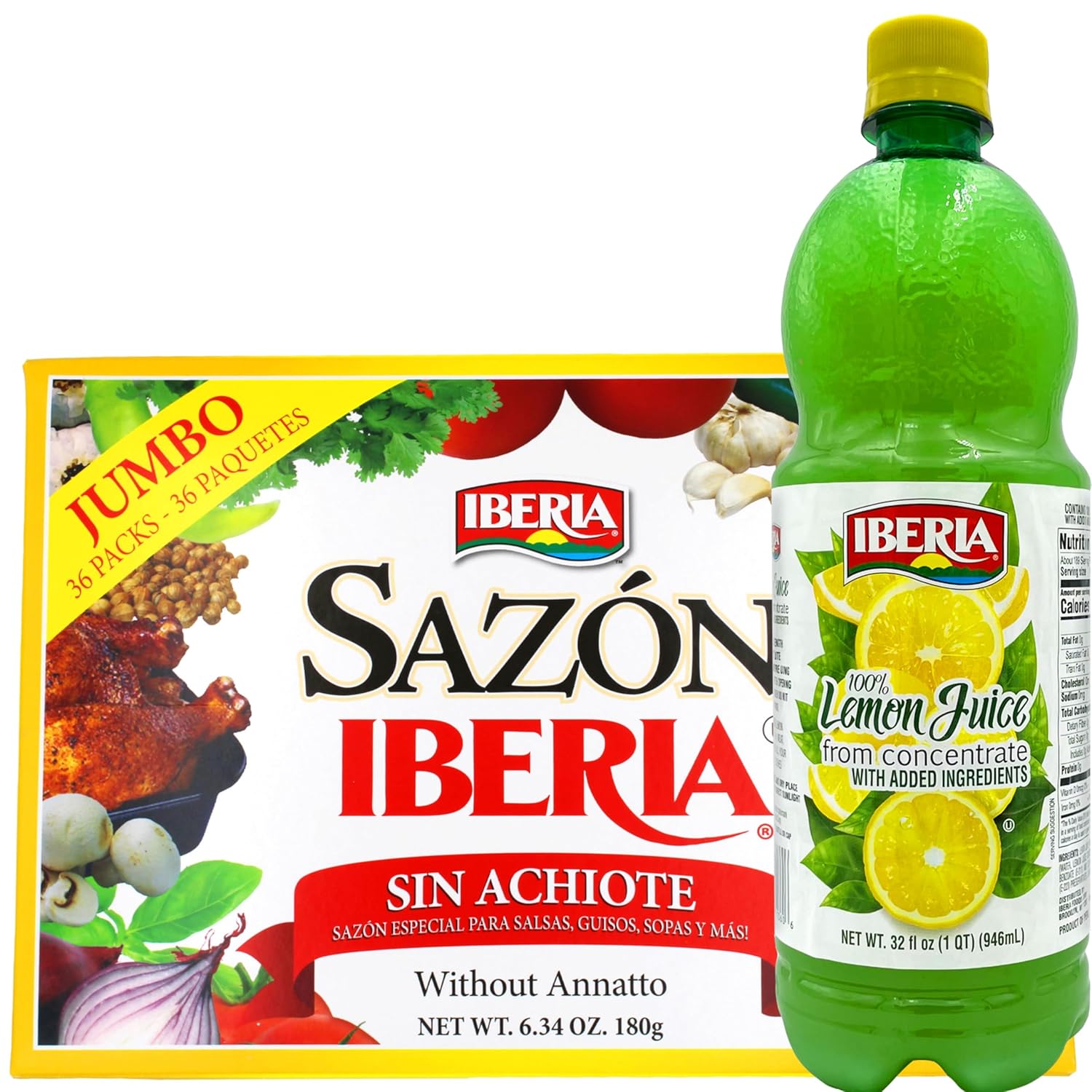 Sazon Iberia without Achiote 6.34 Oz (36 Packs) + Iberia Lemon Juice from Concentrate, 32 fl oz