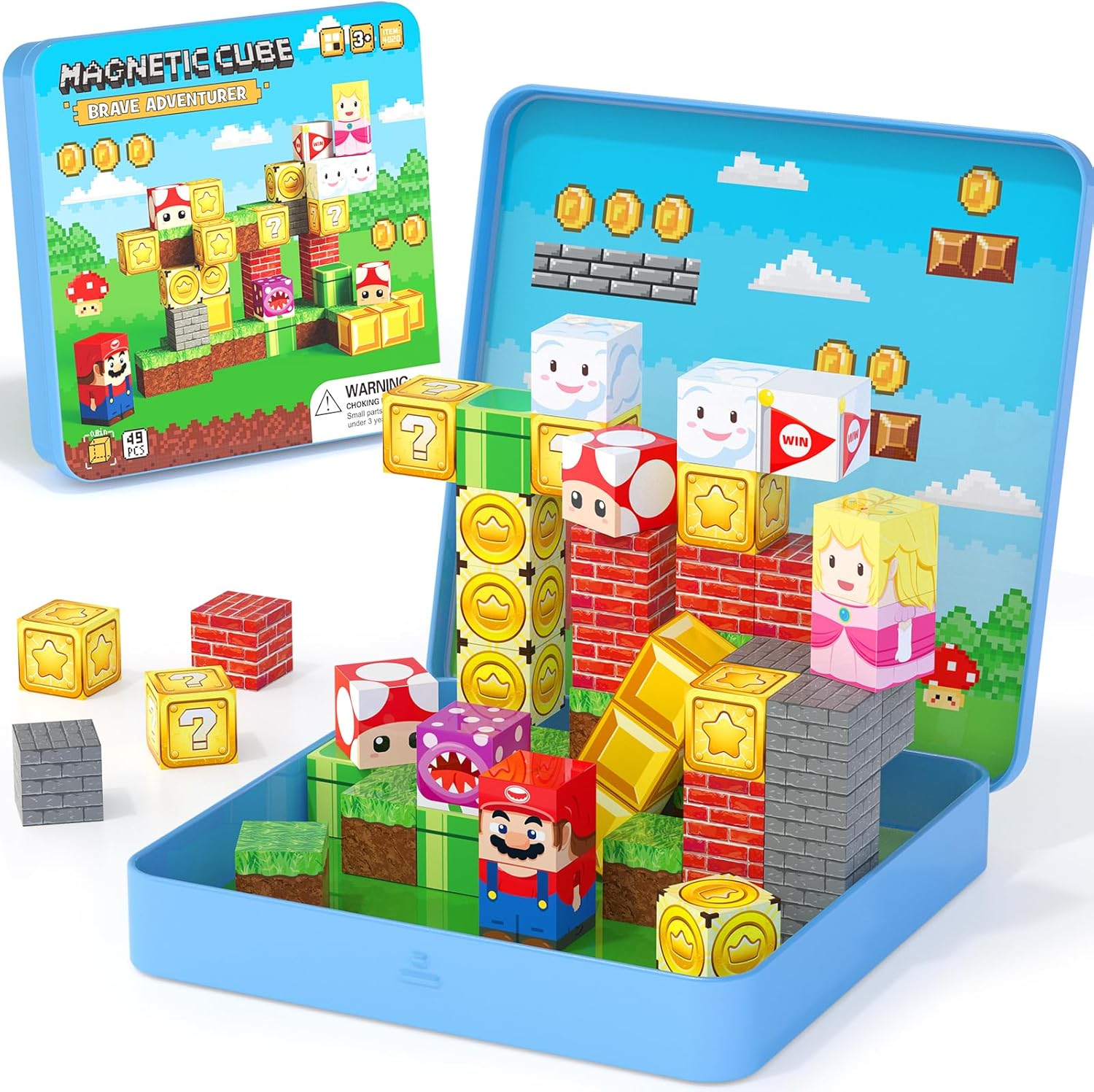 hunloot 49PCS Mini Magnetic Tiles Travel Toys for Kids Ages 4-8, Magnetic Building Blocks Adventure Set with Portable Iron Storage Box &amp; Play Base, STEM Learning Activities for Toddlers 3-5