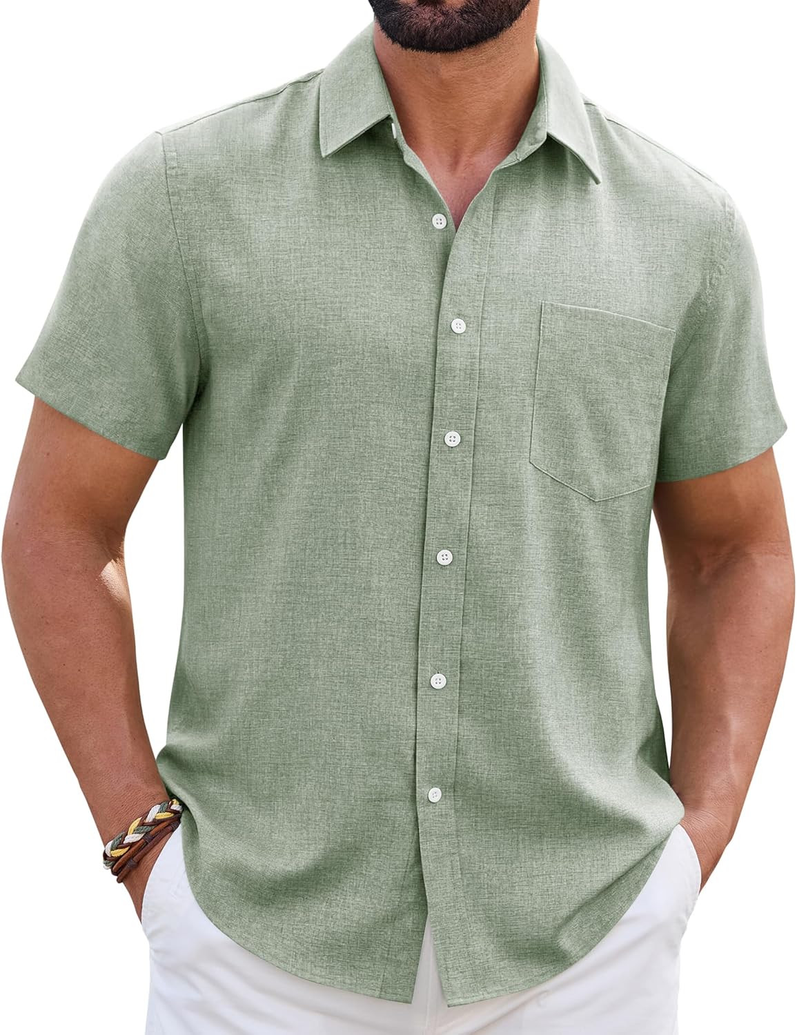 ROUWELL Mens Linen Shirt Short Sleeve Wrinkle Free Casual Untucked Button Down Shirts Beach Breathable Tops Summer