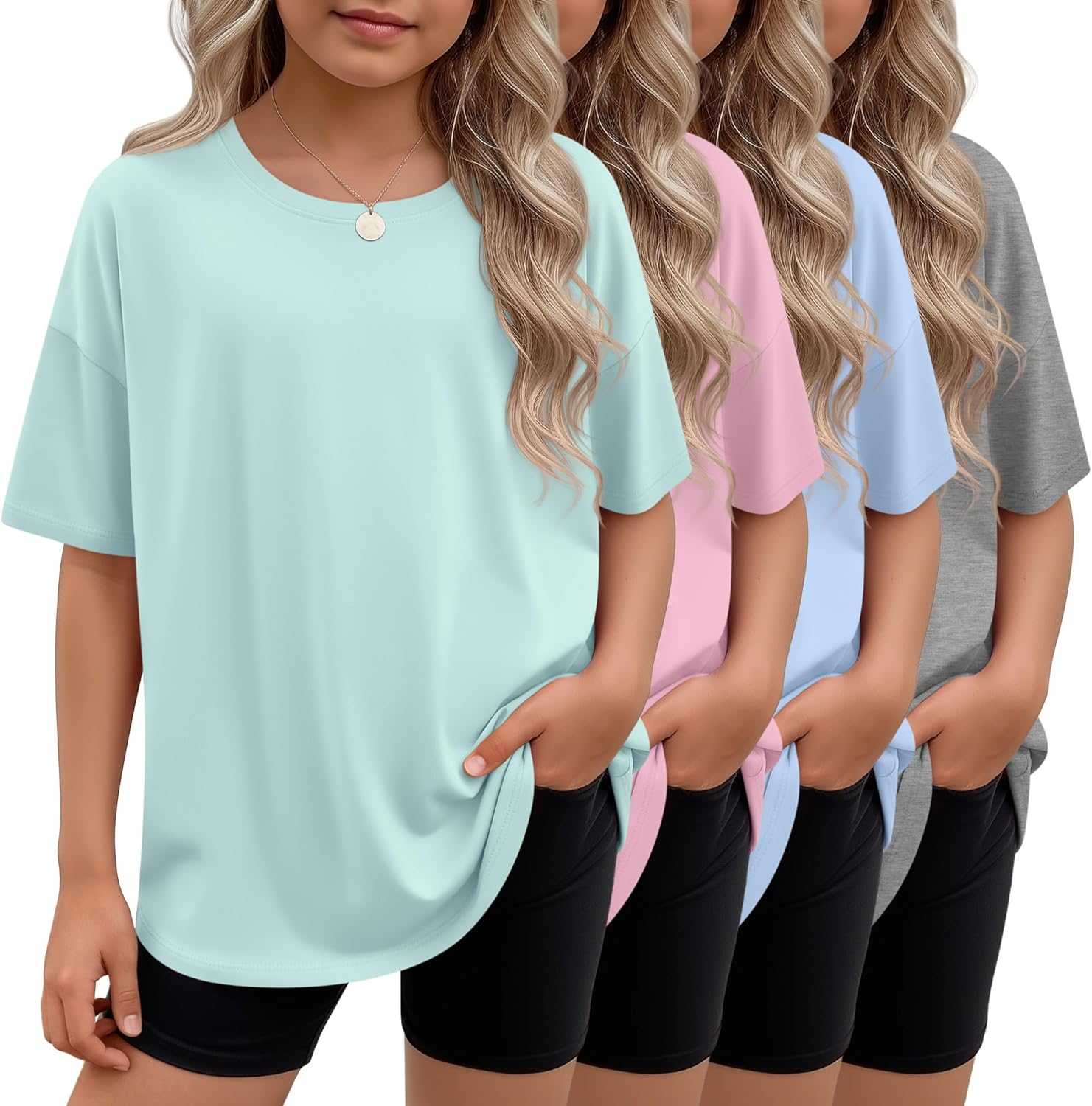 Langyiwee 4 Pack Girls Oversized Shirts Teen Short Sleeve Crew Neck Tops Kids Summer Trendy Loose Fit Shirts 5-14 Years