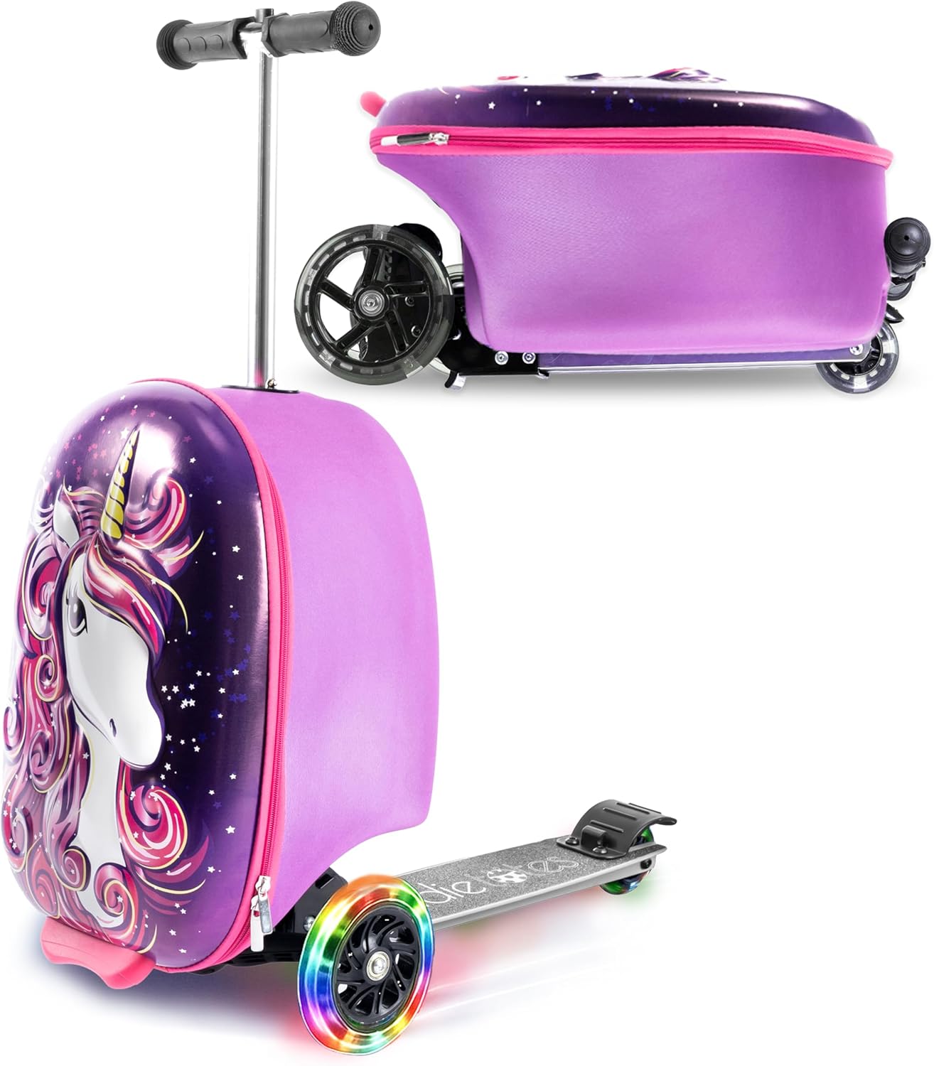 KIDDIETOTES Ride-On Scooter Suitcase for Kids \u2013 Hardside Lightweight Carry-On Luggage with Foldable Scooter, LED Wheels, Travel Fun for Toddlers &amp; Children
