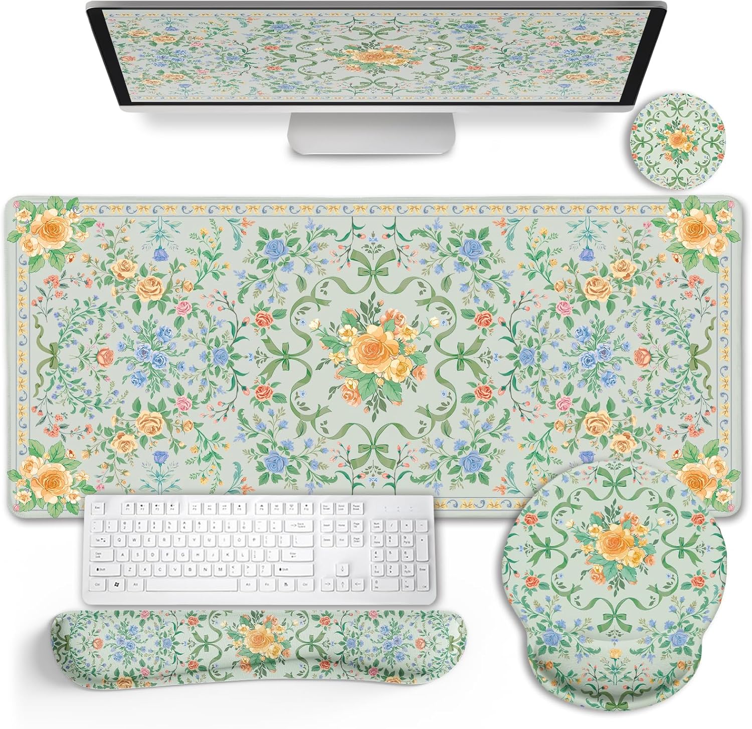 LIMKRIAN Green Floral Desk Mat Set with Bow, Large Computer Mat for Keyboard and Mouse, Ergonomic Wrist Rest Support Set, Cup Coaster, Stitched Edges, Girly Home Office Desk Accessories, Gift for Her