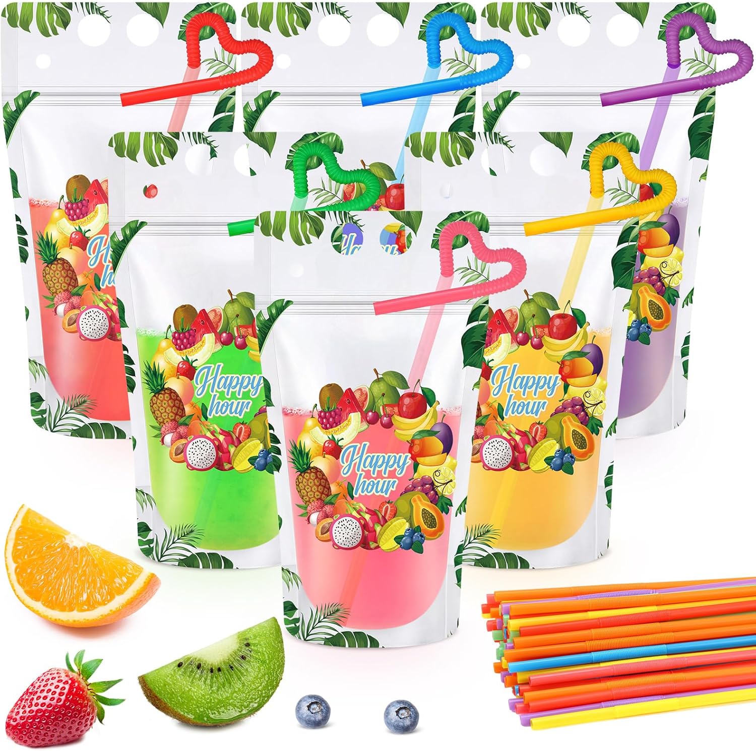 Nuenen 600 Pack Drink Pouches with 600 Straws 17 oz Plastic Juice Bags for Adults Disposable Drinking Bags Stand up Zipper Pouches for Smoothie Juice Coffee Tea Birthday Party (Fruit)