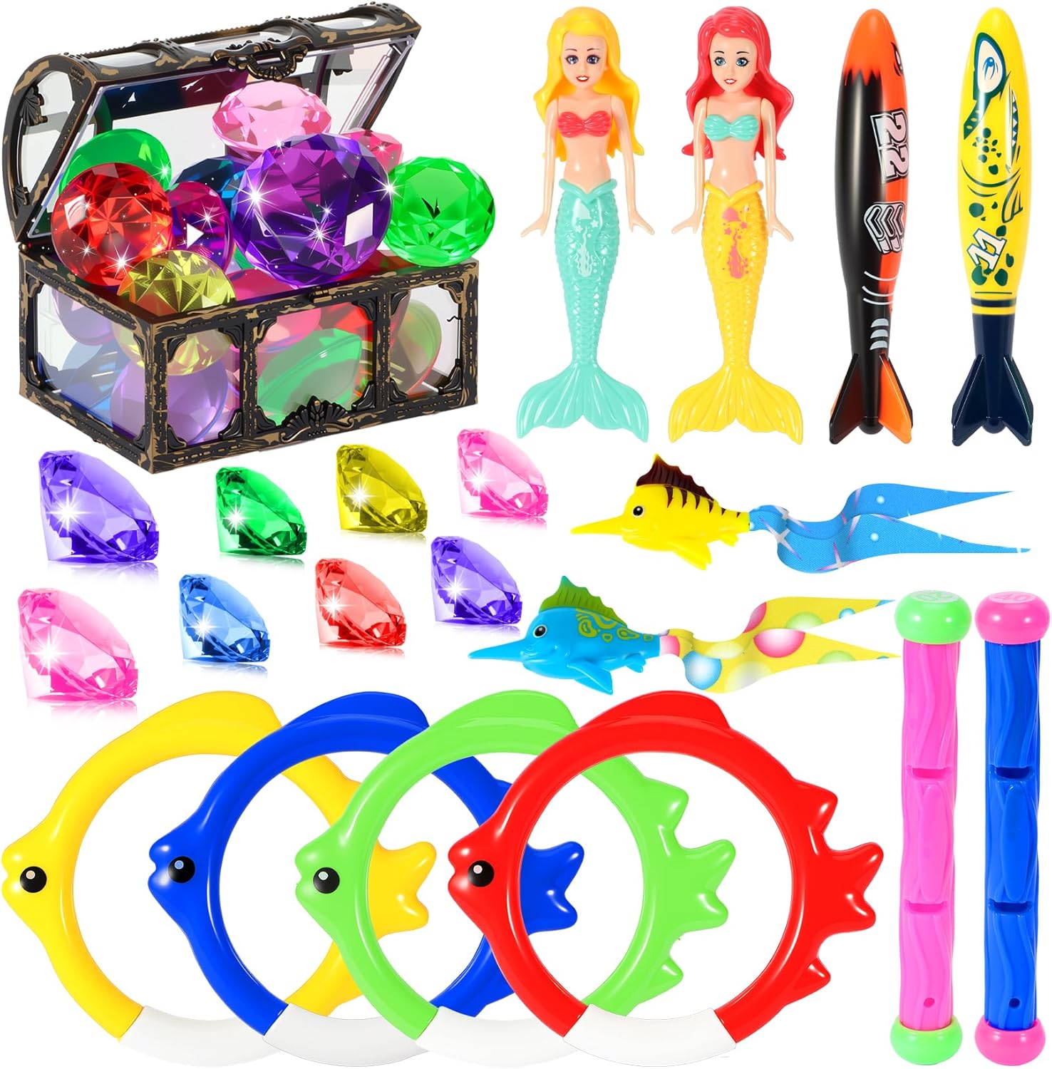 VGOFUN Diving Pool Toys for Kids Ages 3-12, Swimming Pool Toys Water Sinking Toys with Diving Gem Pirate Treasure Chest, Mermaid Toys, Dive Rings Sticks Torpedo Storage Bag for Summer Party Favor