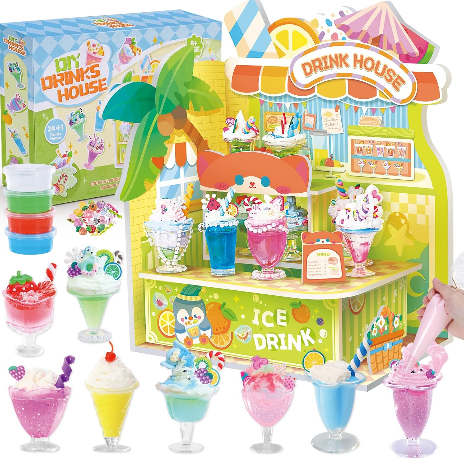 Crelloci DIY Mini Drink Shop Toy, Making 24 Miniature Juice Drinks Cream Material Kit, NOT Edible, Collectible, Kitchen Pretend Play Food Toys Set, Make Your Foods, Gift for Kids Age 8+