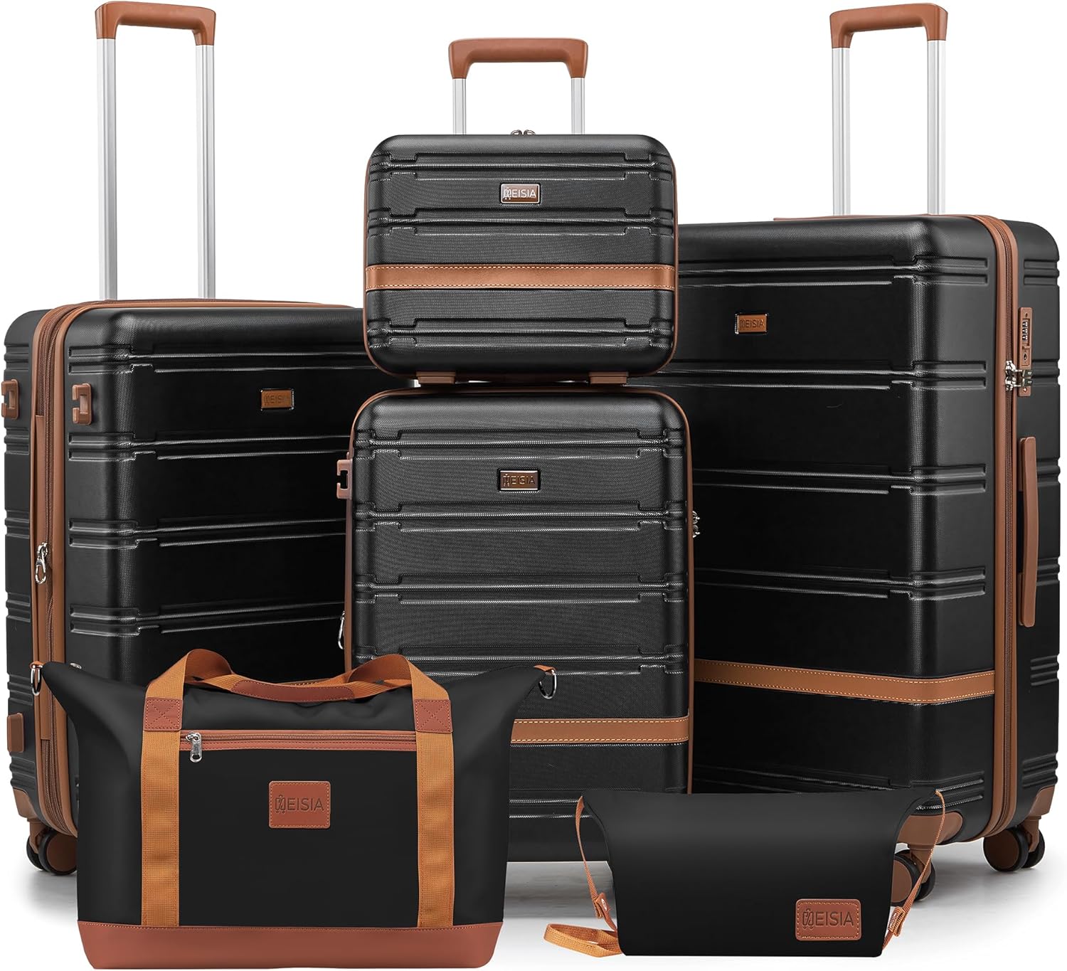 NEISIA Luggage Sets with spinner wheels, PC+ABS Hard Shell Travel Luggage,Lightweight Carry-on suitcases with TSA Lock,YKK Zippers Fathers Day Gift for Dad Men (Black, 6 piece set(14\/20\/24\/28\/DB\/
