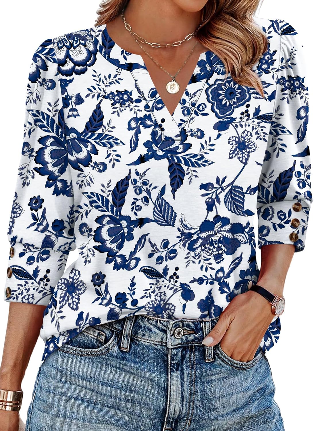 WIHOLL 3\/4 Length Sleeve Womens Tops with Button Cuffs Dressy Casual V Neck Summer Outfits Early Fall Fashion Spring Clothes