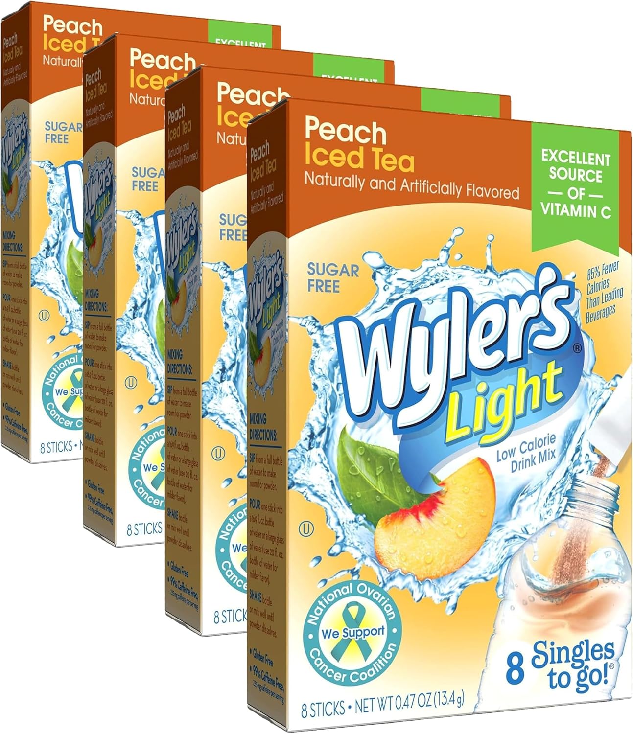 Wyler's Light Peach Iced Tea Singles To Go Drink Mix, 8 CT (Pack of 4)