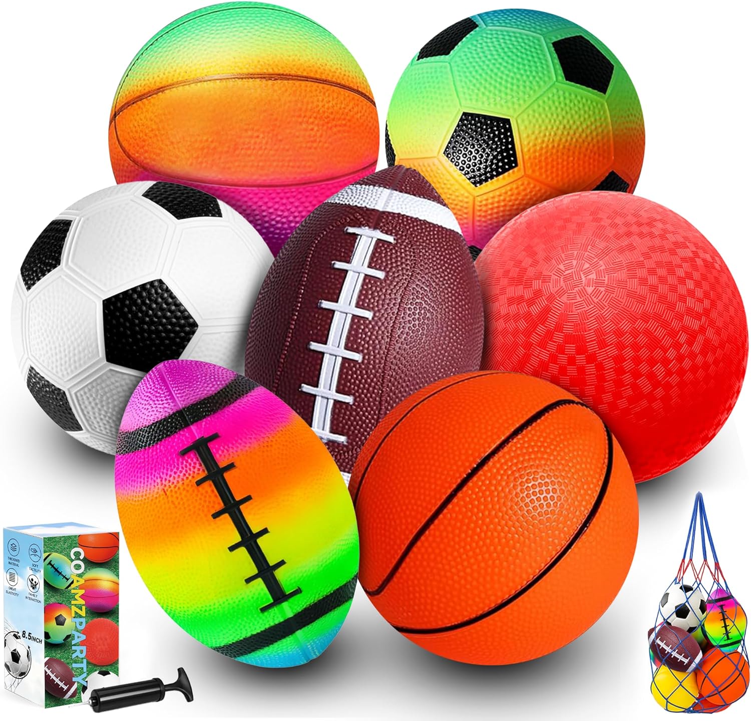 COAMZPARTY 8.5 Inch Sports Balls Set 7 Pack,Playground Balls for Kids&amp;Adults, Includes Soccer Ball, Basketball, and Football,Rainbow Ball for Outdoor &amp; Indoor Games, Boys and Girls Gift with G