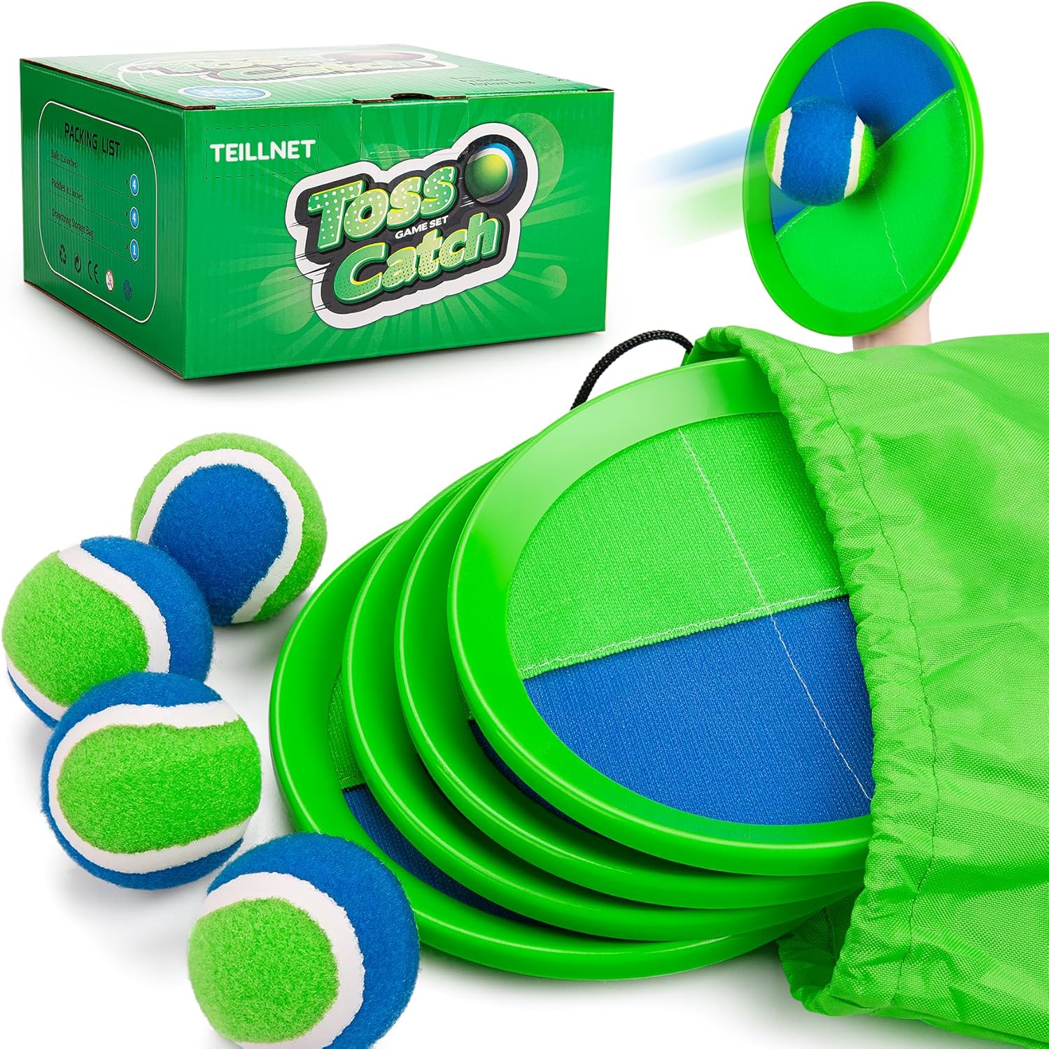 TEILLNET Toss and Catch Ball Set Upgraded - Kids Toys Beach Toys Baseball Games - Sturdy &amp; Water-Resistant for Outdoor Pool Yard Games - Classic Gift for Boys Girls 3 4 5 6 7 8 9 10 11 12+ Years