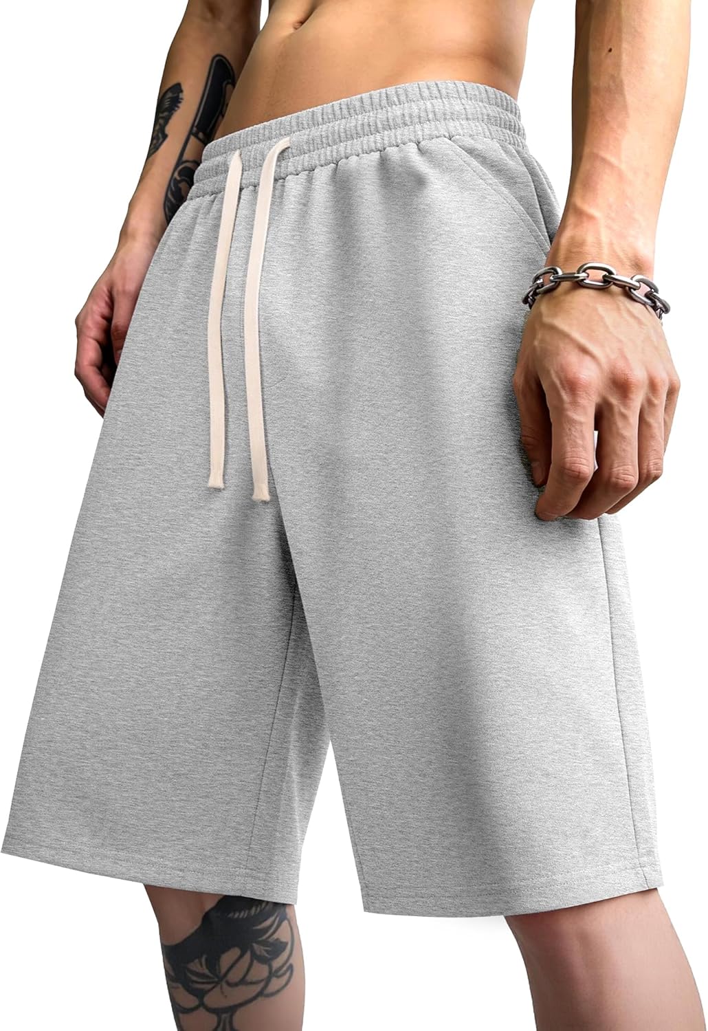 PLEPAN Men's Baggy Sweat Shorts Cotton Under Knee Length Loose Shorts Y2K Style Raw Hem Basketball Jorts