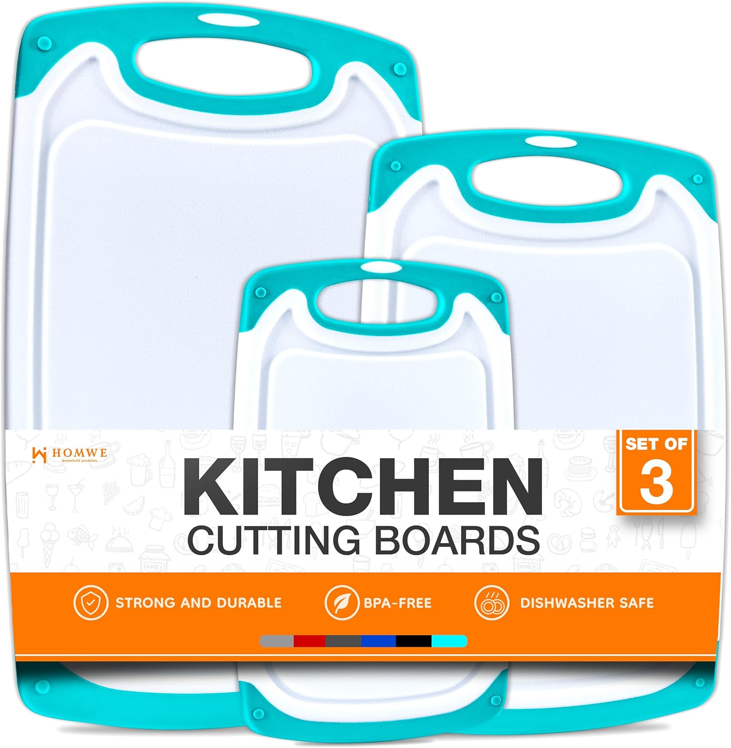 Cutting Boards for Kitchen - BPA-Free Chopping Board - Different Sizes &amp; Non Slip Handles - Reversible, Large Cutting Board Set - Unique Gifts for Cooks Who Have Everything - 3-Pack Aqua