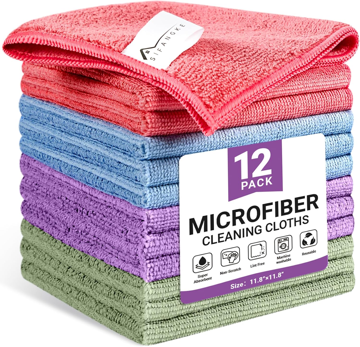 SIFANGKE Microfiber Cleaning Cloth, 12 Pack Assorted Color Cleaning Rags for Housekeeping, Colorful Reusable Microfiber Towels for Car, Kitchen, Bathroom and Household Cleaning Supplies, 11.8"X11.
