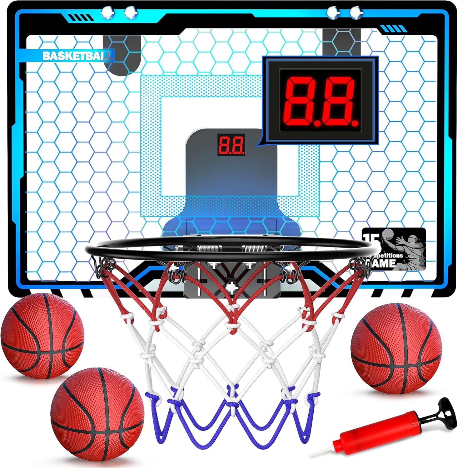 HopeRock Indoor Mini Basketball Hoop for Kids, Basketball Hoops Over The Door with LED Lighting, Mini Hoop with Scoreboard &amp; 3 Balls, Basketball Toys Gifts for 5 6 7 8 9 10 11 12 Year Old Boys Gir