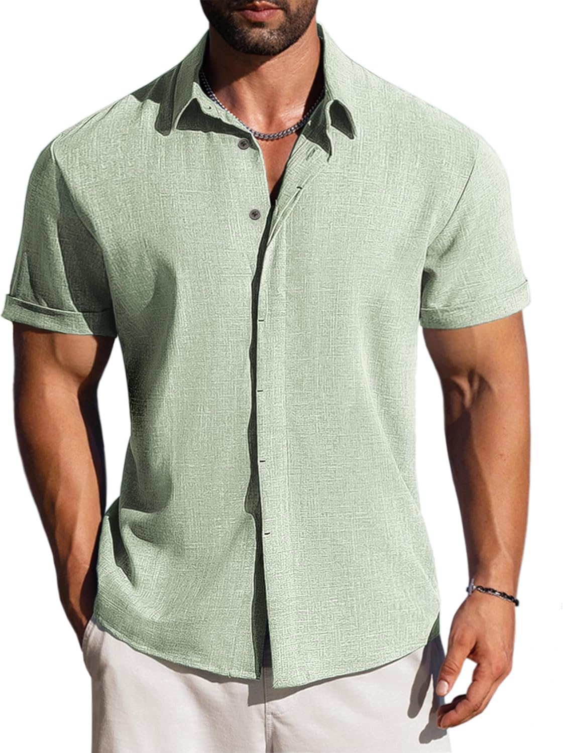 LETSEE Linen Shirts Mens Button Down Short Sleeve Shirt for Summer Business Casual Beach &amp; Wedding Guest