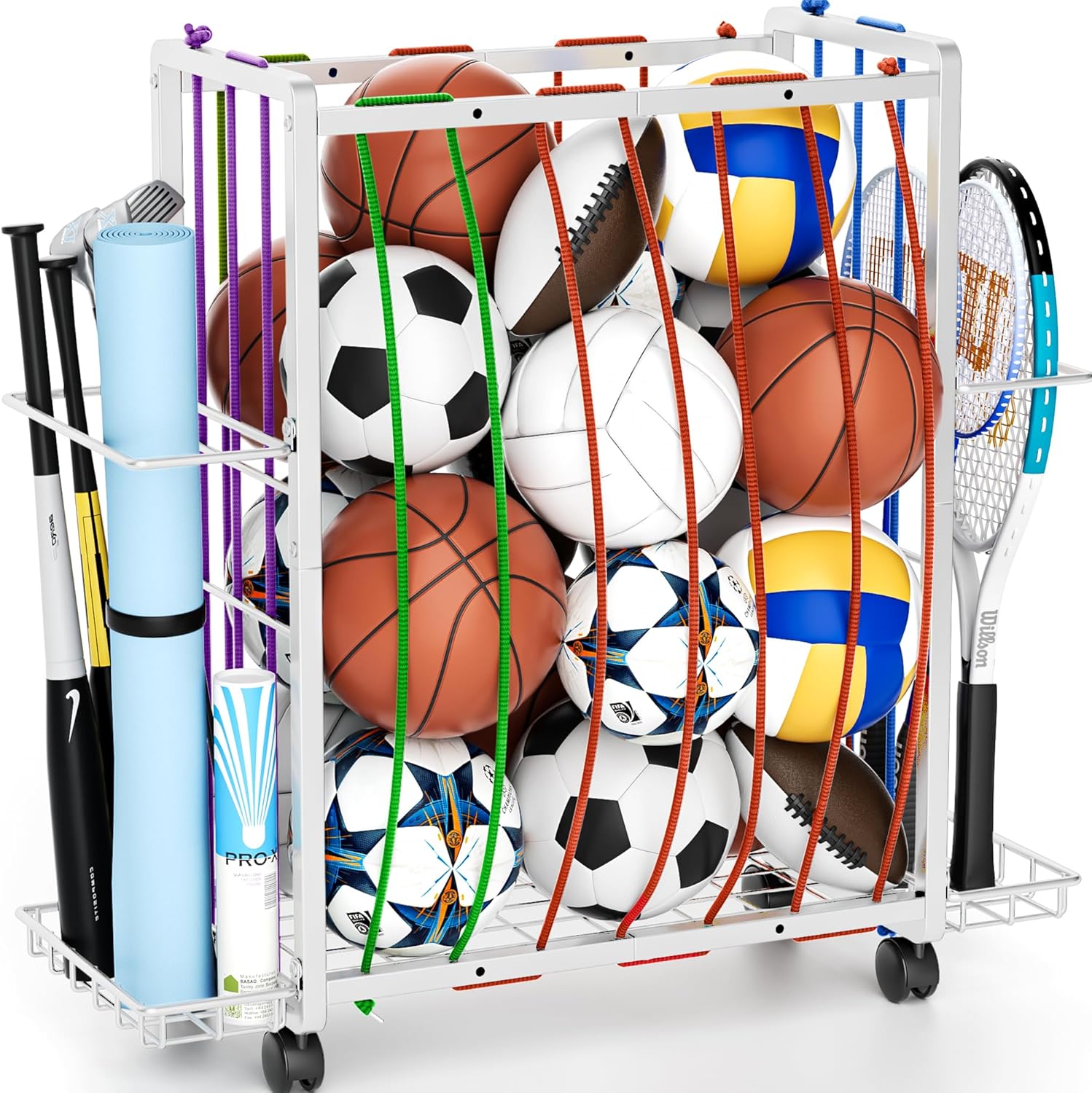 Rolling Sports Ball Storage Cart, Large Capacity Sports Equipment Organizer Garage Ball Organizer with Bat &amp; Racket Holder, Heavy-Duty Sports Equipment Rack with Wheels for Garage Home &amp; Gym (