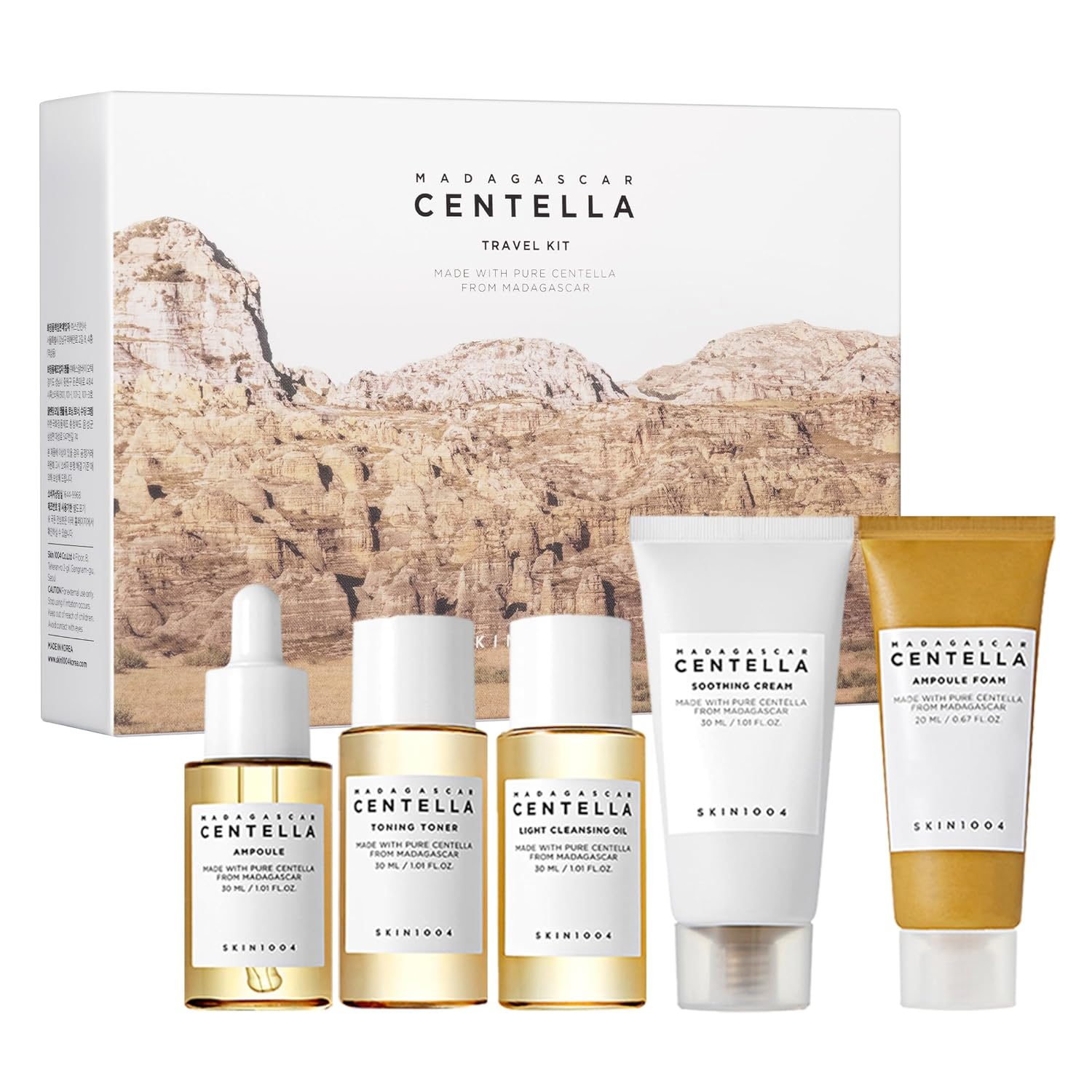 SKIN1004 Centella Travel Kit, Korean Skin Care Set with Toner, Moisturiser, Serum, Cleansing Oil &amp; Cleanser, Travel Size Set with Madagascar Centella, Sensitive Skin, Perfect for Travel Beauty &am