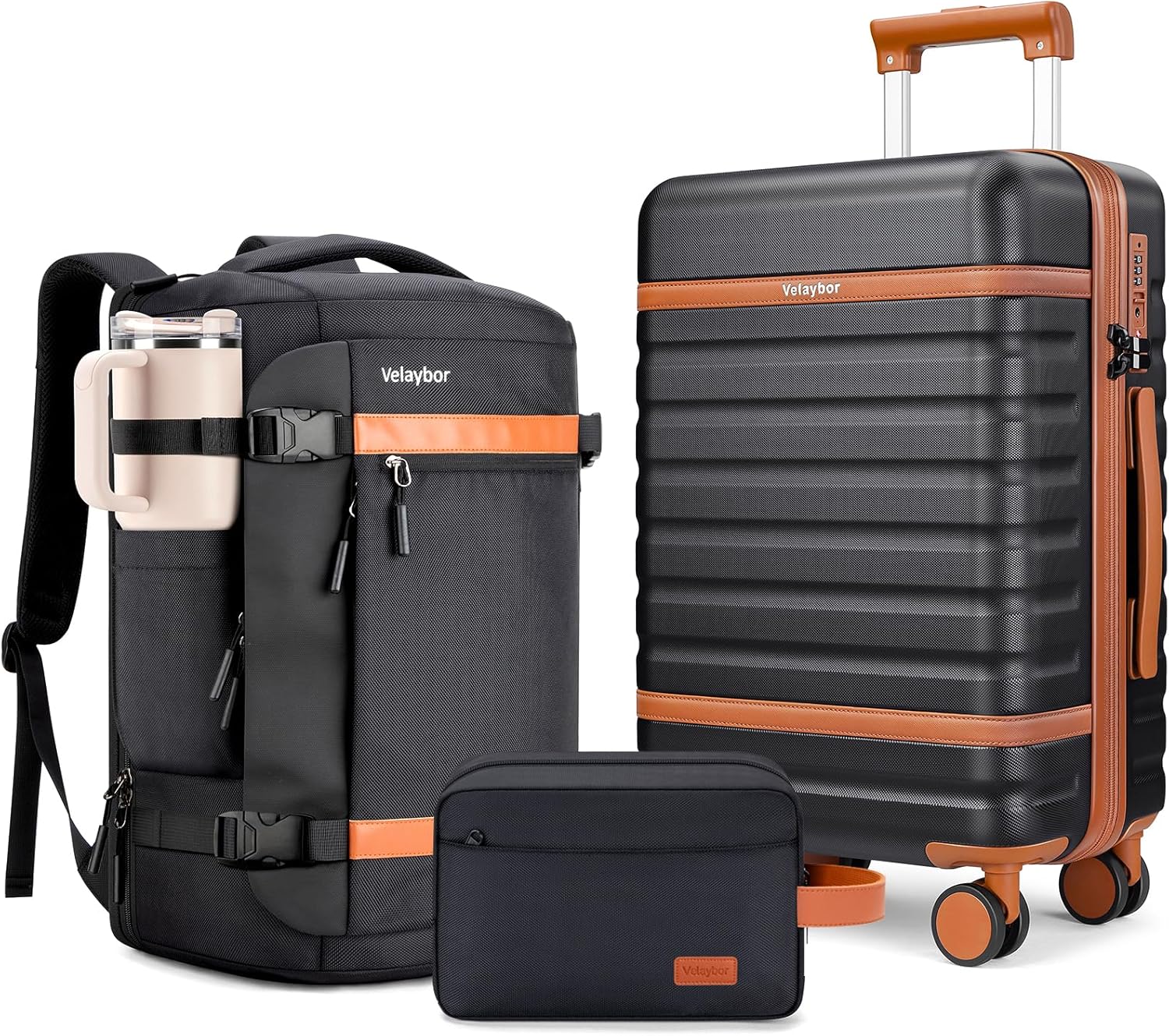 Velaybor Luggage Sets 3 Piece with Spinner Wheels, Lightweight PC Hardside Suitcase with TSA Lock &amp; YKK Zippers, 20 Inch Carry On Luggage with Travel Bag for Men and Women, Black