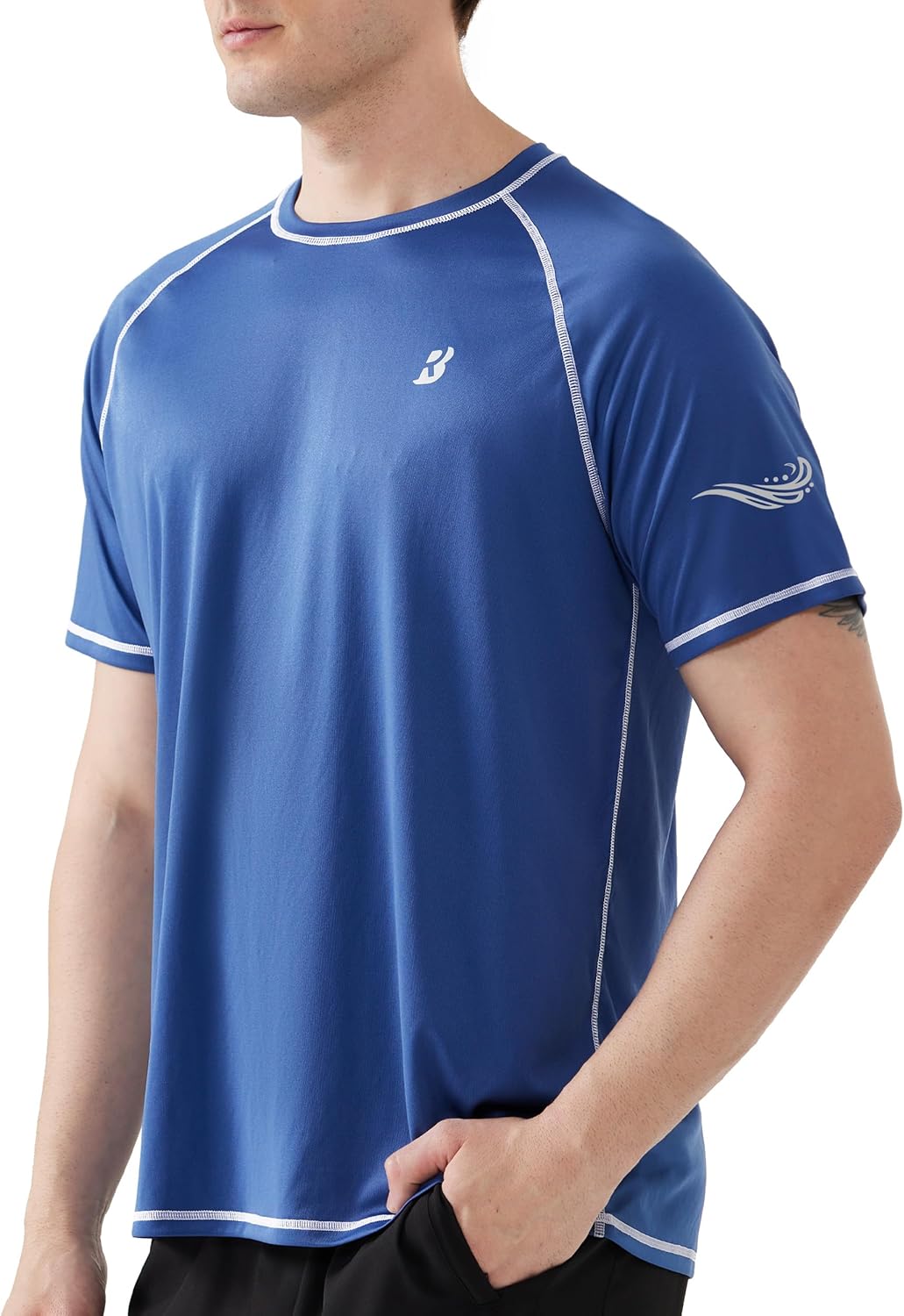 Roadbox Men's UPF 50+ Swim Shirts, Short Sleeve UV Sun Protection Rash Guard T-Shirt, Quick Dry Water Surfing Beach Tees