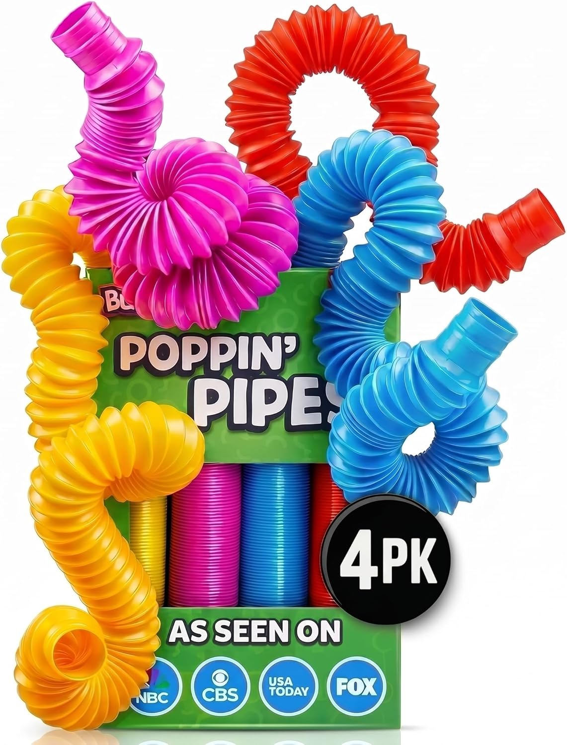BUNMO Pop Tubes - Sensory Toys - Fidget Toys - Imaginative Play &amp; Stimulating Creative Learning - Hours of Fun for Kids - Tons of Ways to Play - Non-Mouthable Toy 3+ - 4 Pack Large