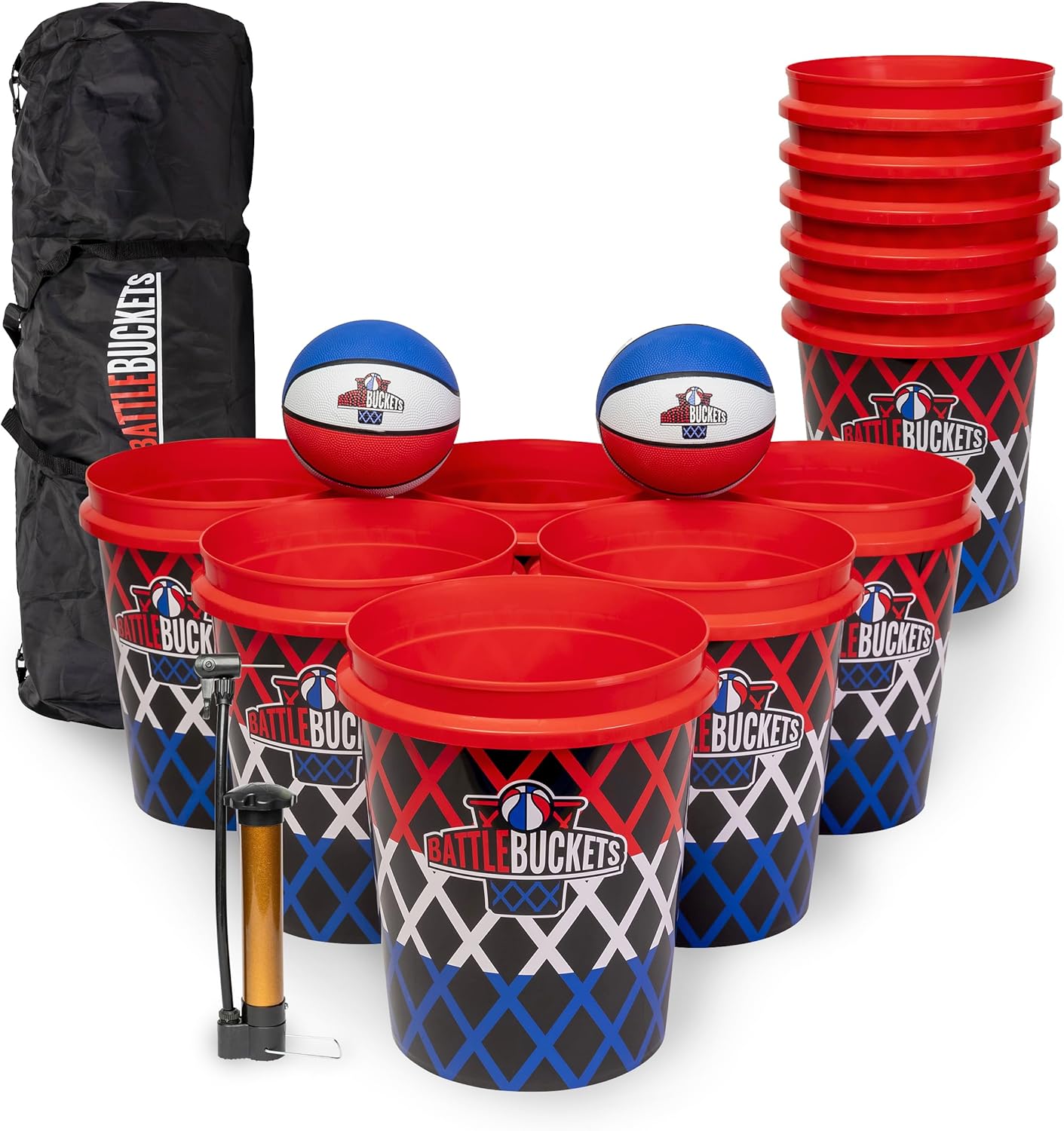 Battle Buckets \u2013 Giant Yard Pong and Basketball Game with 12 Buckets, 2 Balls, Carrying Bag, and Air Pump \u2013 Outdoor Game for Lawn, Backyard, Beach, and Parties