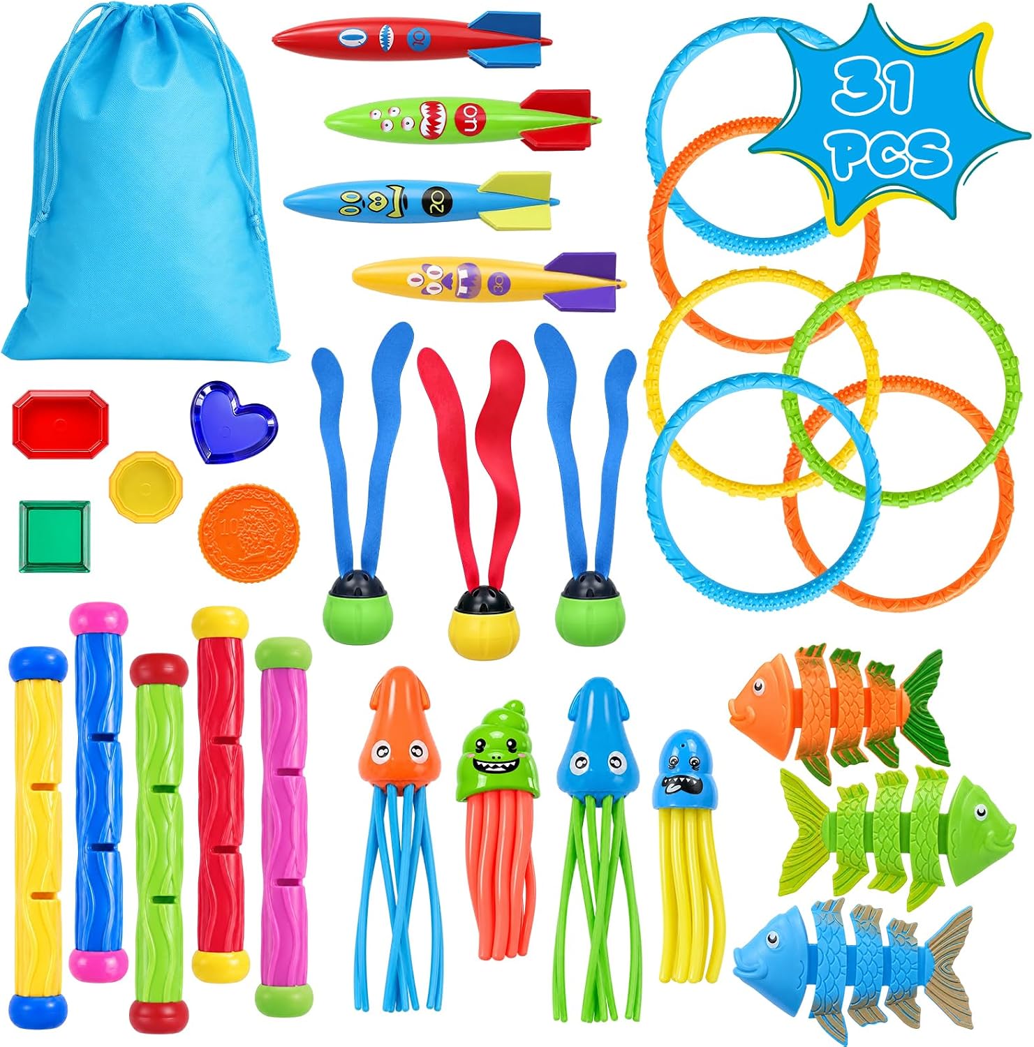 Woplagyreat 31Pcs Swim Dive Toys Pool Games Outdoor Water Essential Bath Accessories for Kid Toddler Baby Toy Age 3 4 5 6 7 8 9 10 11 12 Year Old Cool Girl Boy Stuff Fun Summer Gift