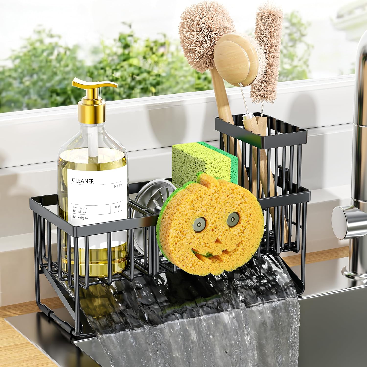 Cisily Kitchen Sink Caddy Organzier with High Brush Holder, Sponge Holder for Sink, 304 Rustproof Stainless, Kitchen Countertop Soap Dispenser Organizer (Black With Smiley Face Holder, 9.25\u2033)