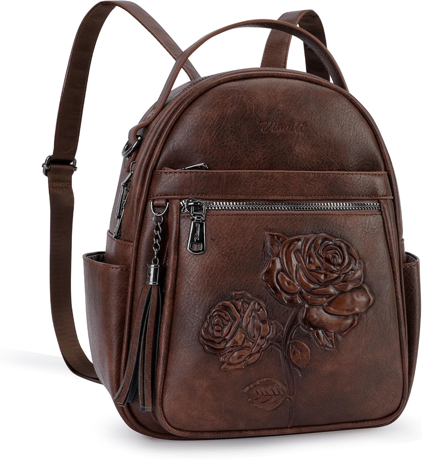 VIMUTI Mini Backpack Purse for Women,Embossed Leather Small Backpack Fashion Travel Backpacks Daypacks Shoulder Handbag (COFFEE-Flower)