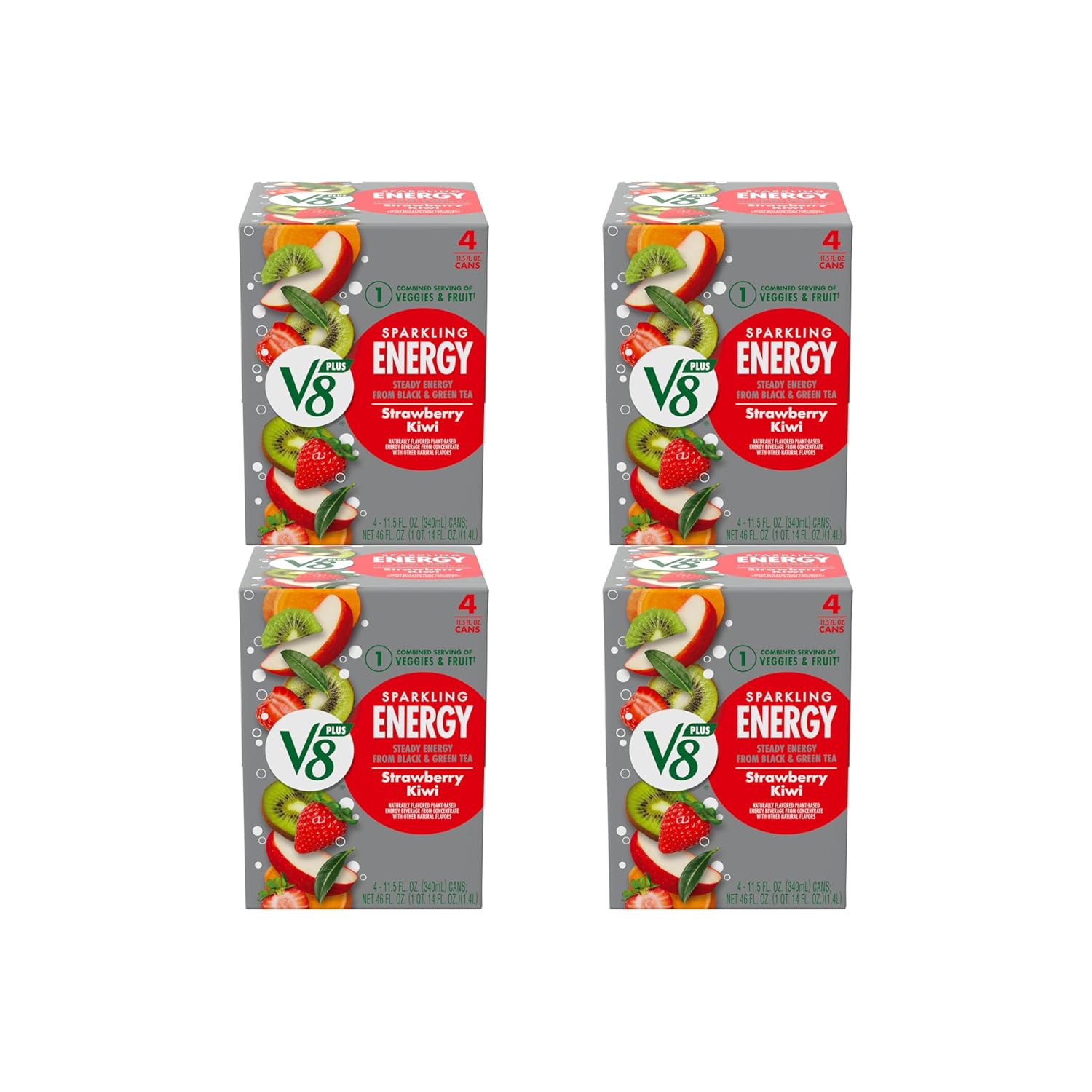 V8 +Energy Strawberry Kiwi Can | Sparkling | Juice Energy Drink | 11.5 fl oz | Pack of 16