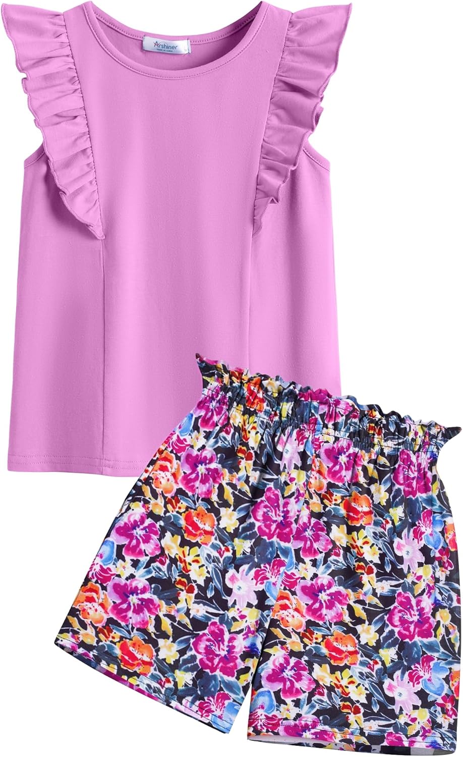 Arshiner Girls Clothes Summer Outfits Ruffle Sleeve Tops and Paperbag Waist Shorts with Pockets Kids Clothing Set