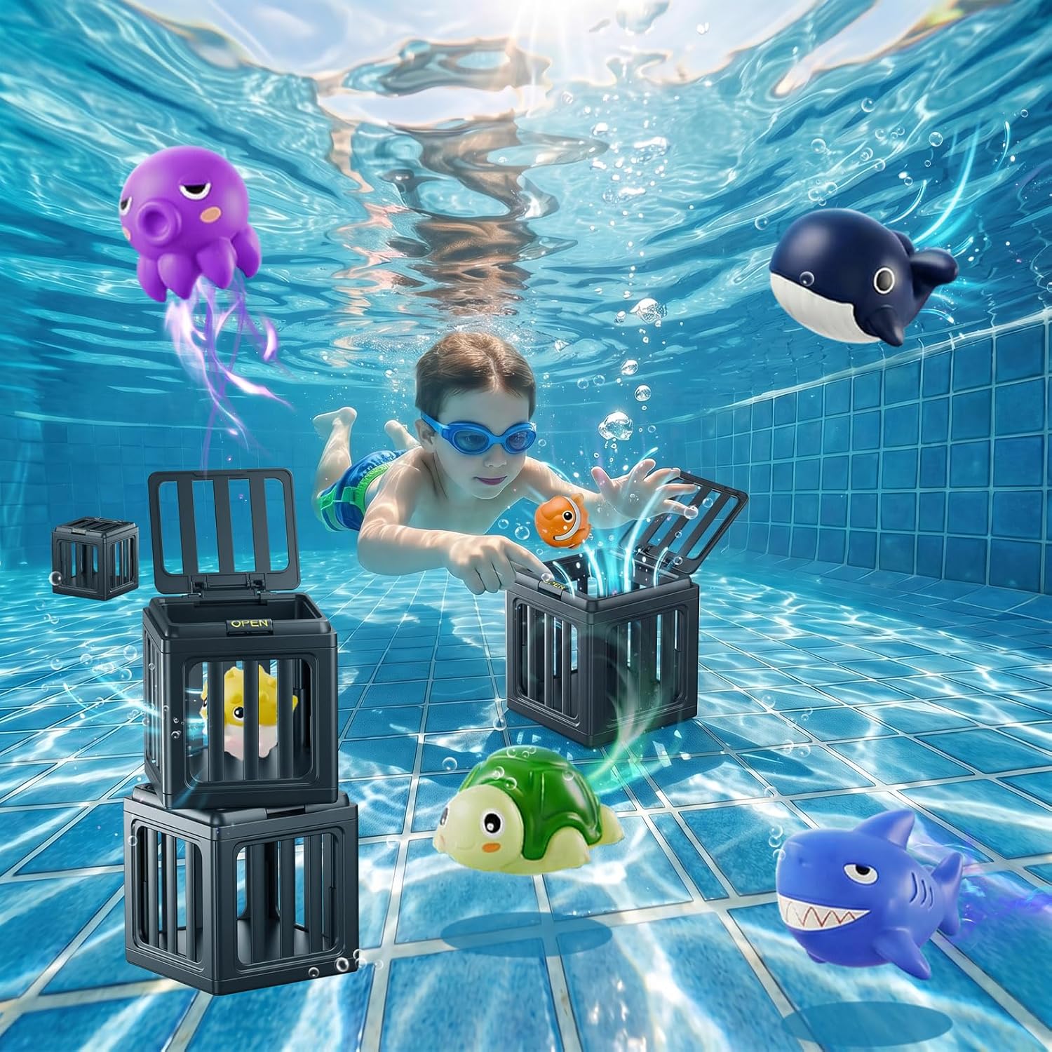 Pool Summer Diving Toys for Kids, Underwater Swim Game Set with 6 Floating Sea Animals &amp; 6 Dive Cages, Summer Water Swimming Pool Toys, Bath, Beach, Fun Birthday Gift for kids(6 Sea Animals )