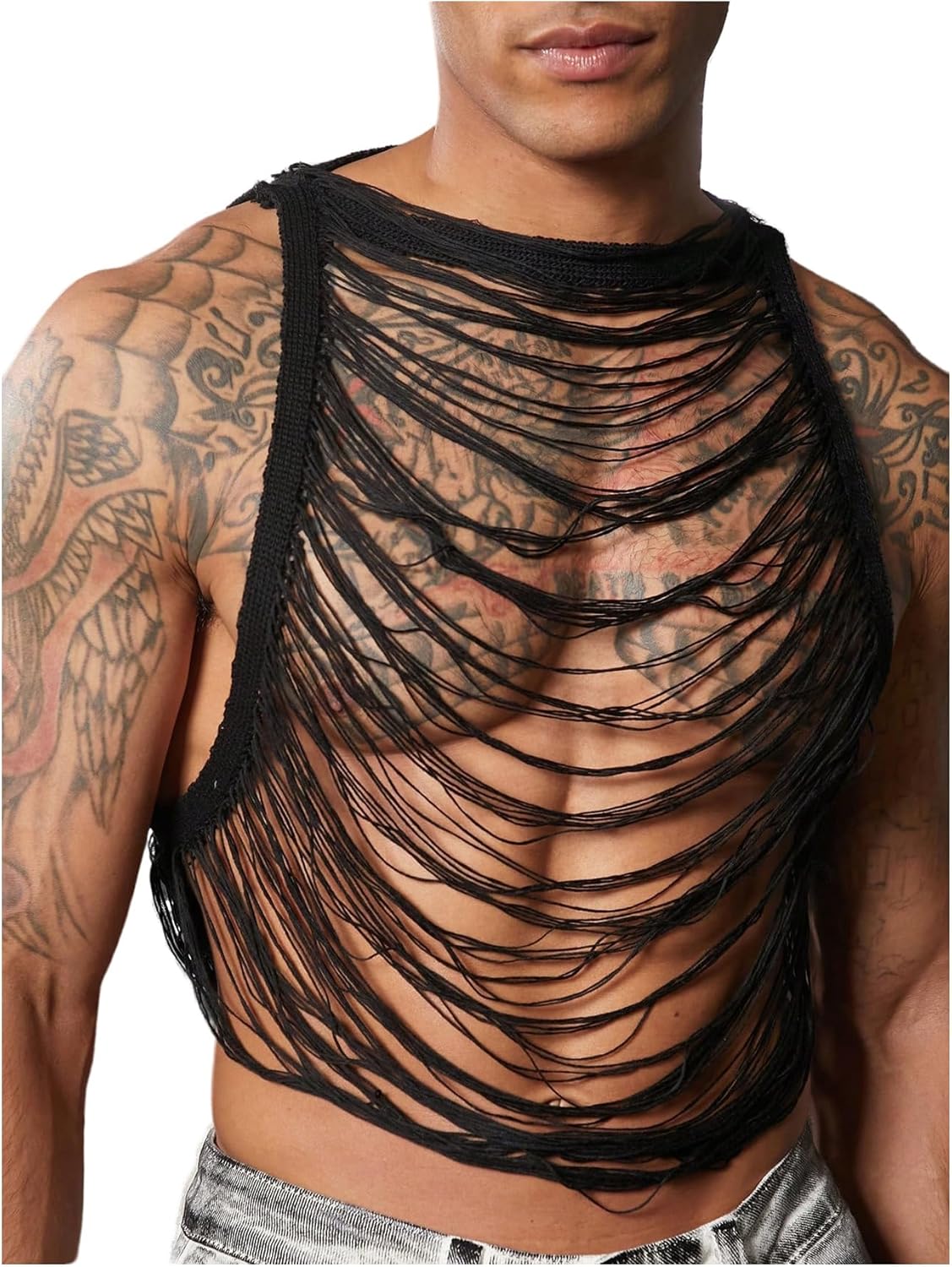 OYOANGLE Men's Hollow Out Ripped Sweater Vest Sleeveless See Through Crop Tank Tops Party Clubwear