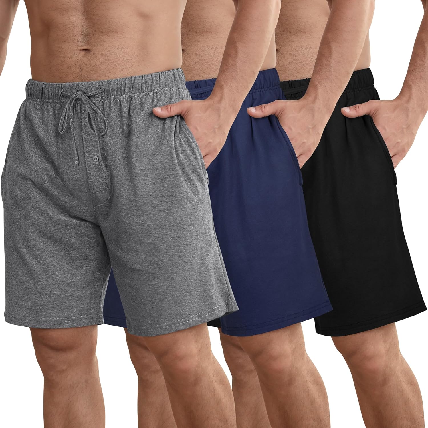 IHU 3 Pack Men's Cotton Pajama Shorts, Soft Sleepwear &amp; Lounge Bottoms with Drawstring &amp; Pockets Sleep Shorts for Men