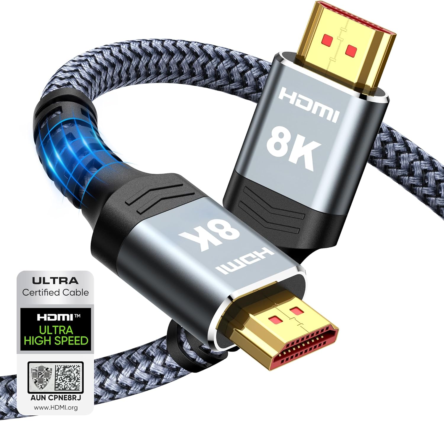 Highwings 8K 10K 4K HDMI Cable 48Gbps 6.6FT\/2M, Certified Ultra High Speed 2.1 HDMI Cable Braided Cord-4K@120Hz 8K@60Hz, DTS:X, HDCP 2.2 &amp; 2.3, HDR 10 Compatible with DVD Player\/PS5\/HDTV\/Blu-r