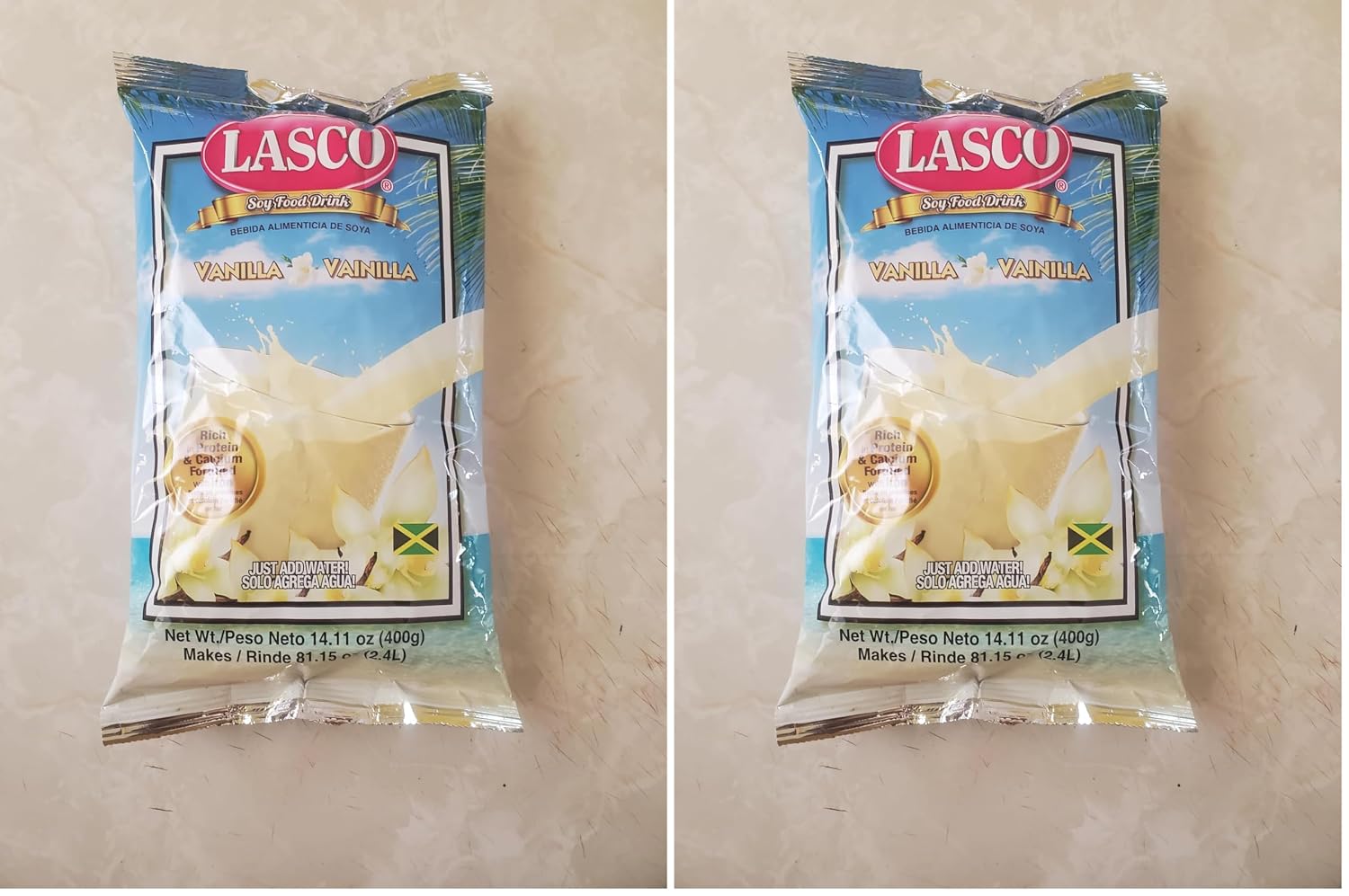 Lasco Soy Food Drink Vanilla, 14.11 oz (400 g) Pack | Jamaican Soy Beverage Mix with Protein, Calcium &amp; Iron | Family Size Vanilla Flavour (Pack of 2)