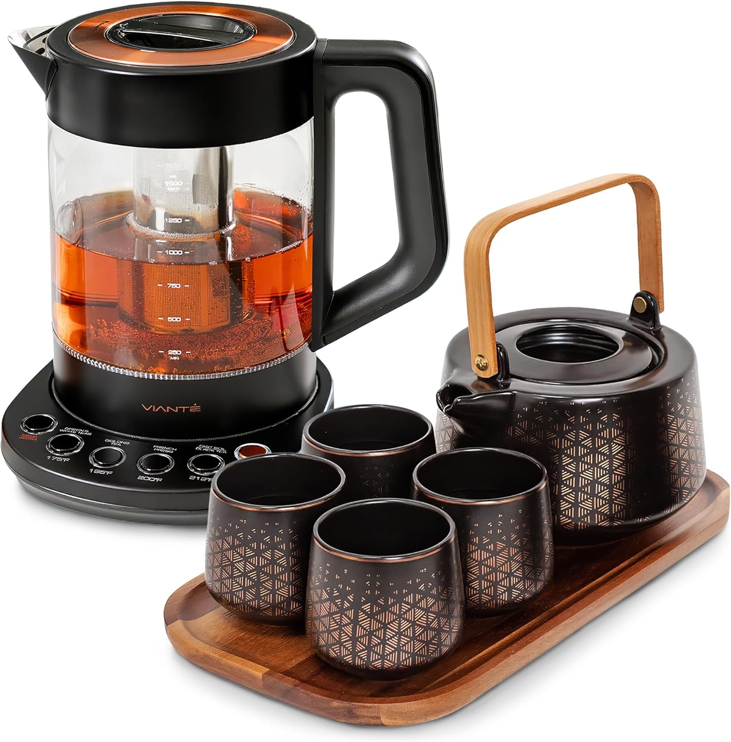 Viante Luxury Tea Set, Electric Kettle with Infuser, No Plastic In Contact With Water, 1.5L Borosilicate Glass, Ceramic Teapot, 4 Ceramic Cups, Bamboo Tray, Gift Box for Tea Lovers