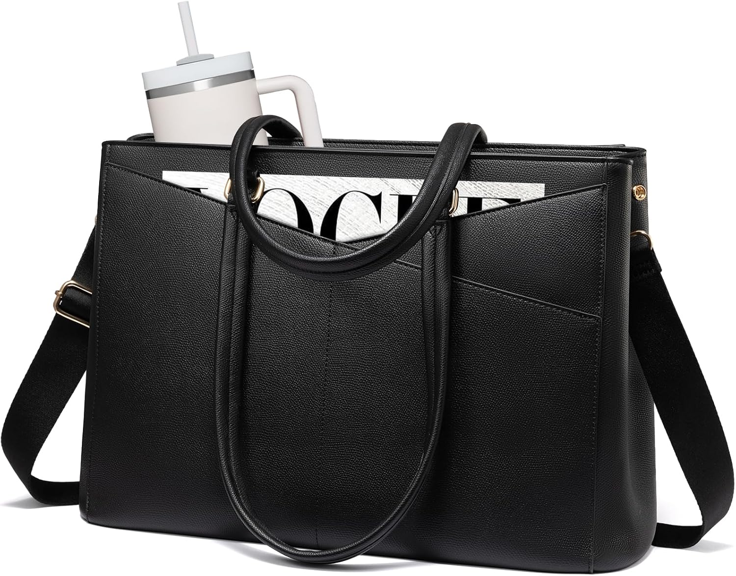 LOVEVOOK Laptop Tote Bag for Women 15.6 Inch Leather Work Bags with Large Cup Holder for Teacher Work Business,Black