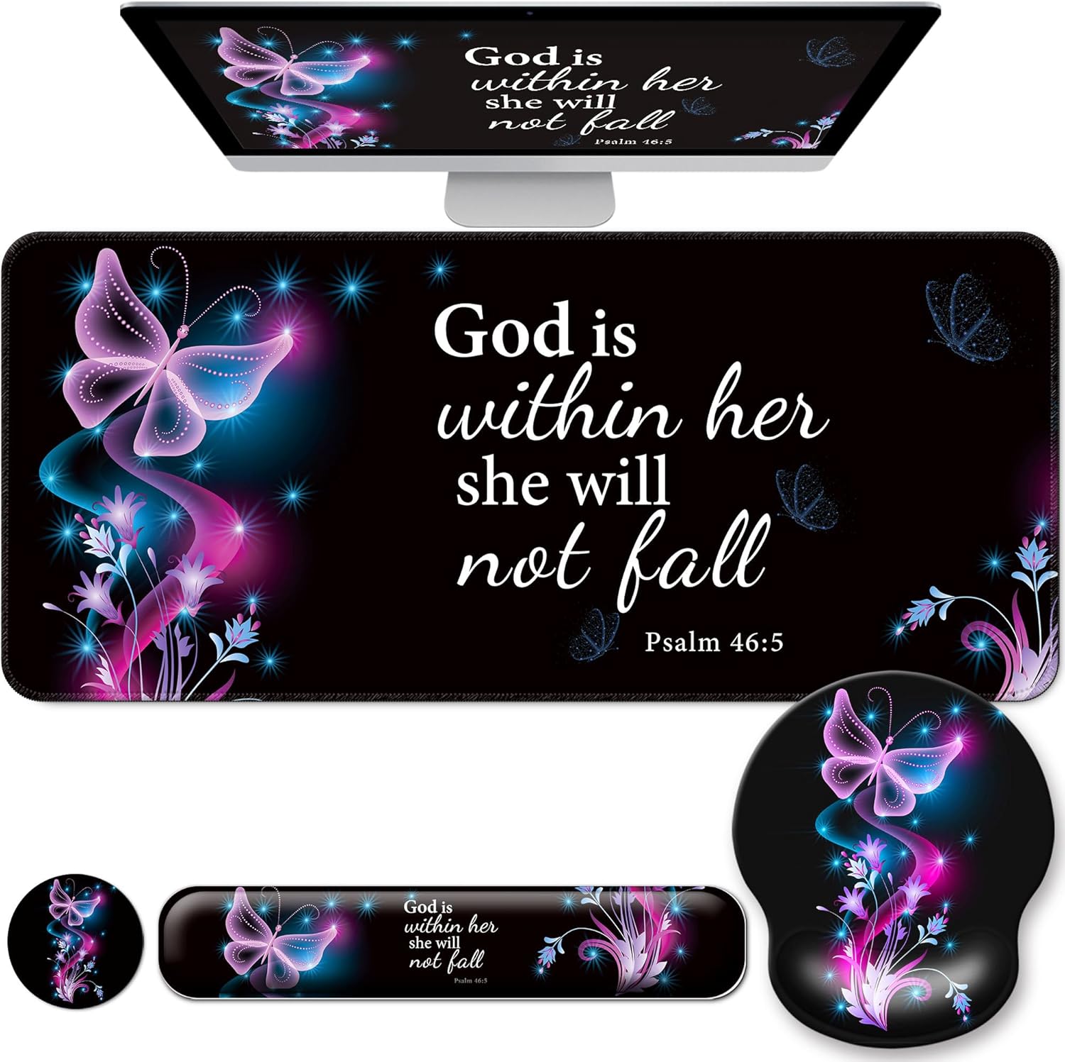 Desk Mat Set + Keyboard and Mouse Pad with Wrist Rest Support,4-in-1 Large Mousepad Computer Mats for Desktop Home &amp; Office-Purple Butterflies