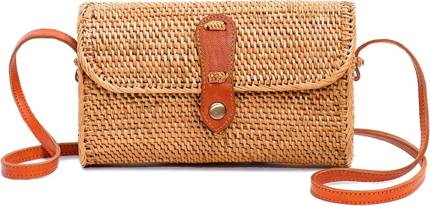 Novum Crafts Round Rattan Bag for Women - Handmade Ata Wicker Woven Purse - Circle, Square, Oval Brown Straw Boho Bags | Handmade