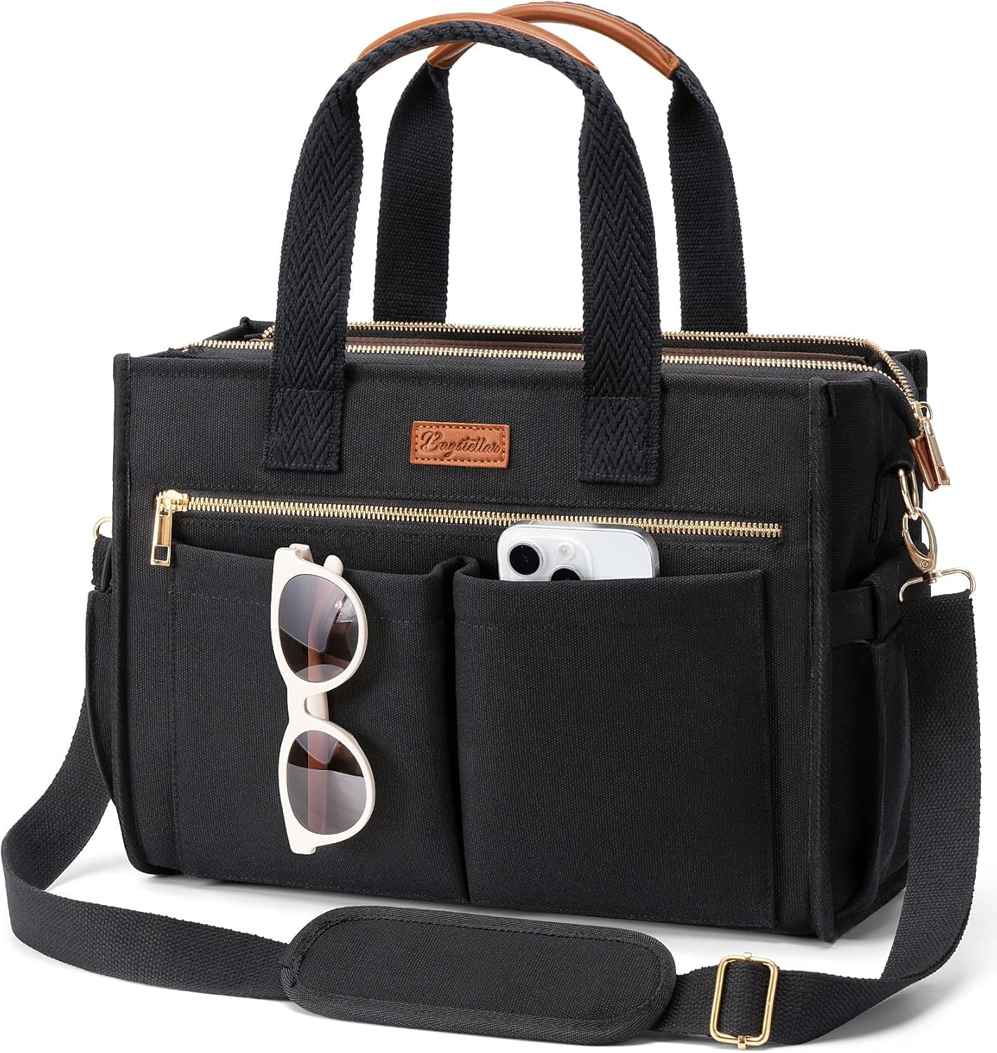 Canvas Tote Bag for Women, 15-Pockets Work Laptop Tote Purse Large Crossbody Nurse Teacher Bible Bag for School Travel Daily | with Strap &amp; Zipper