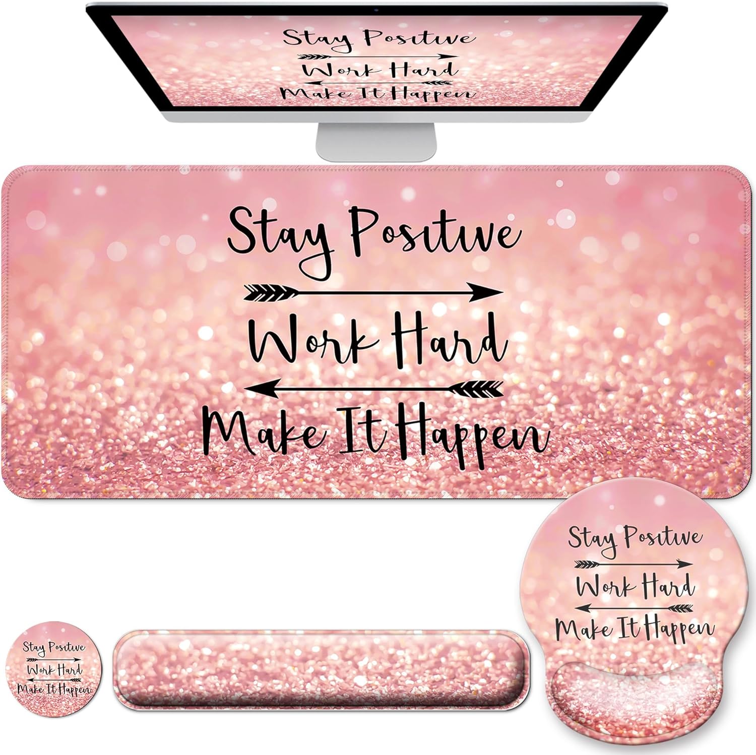 Desk Mat Set + Keyboard and Mouse Pad with Wrist Rest Support,4-in-1 Large Mousepad Computer Mats for Desktop Home &amp; Office-Glitter Pink