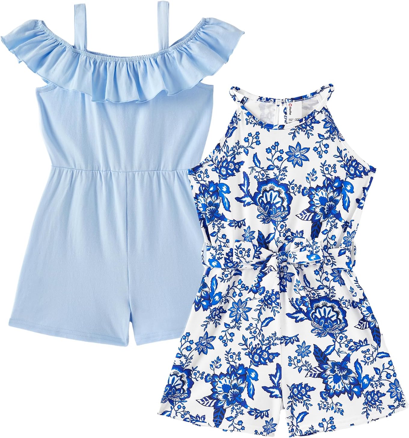 PATPAT Girls 2 Pack Rompers 5-12 Years Spaghetti Strap Floral Print Short Jumpsuits Cute Summer Outfits