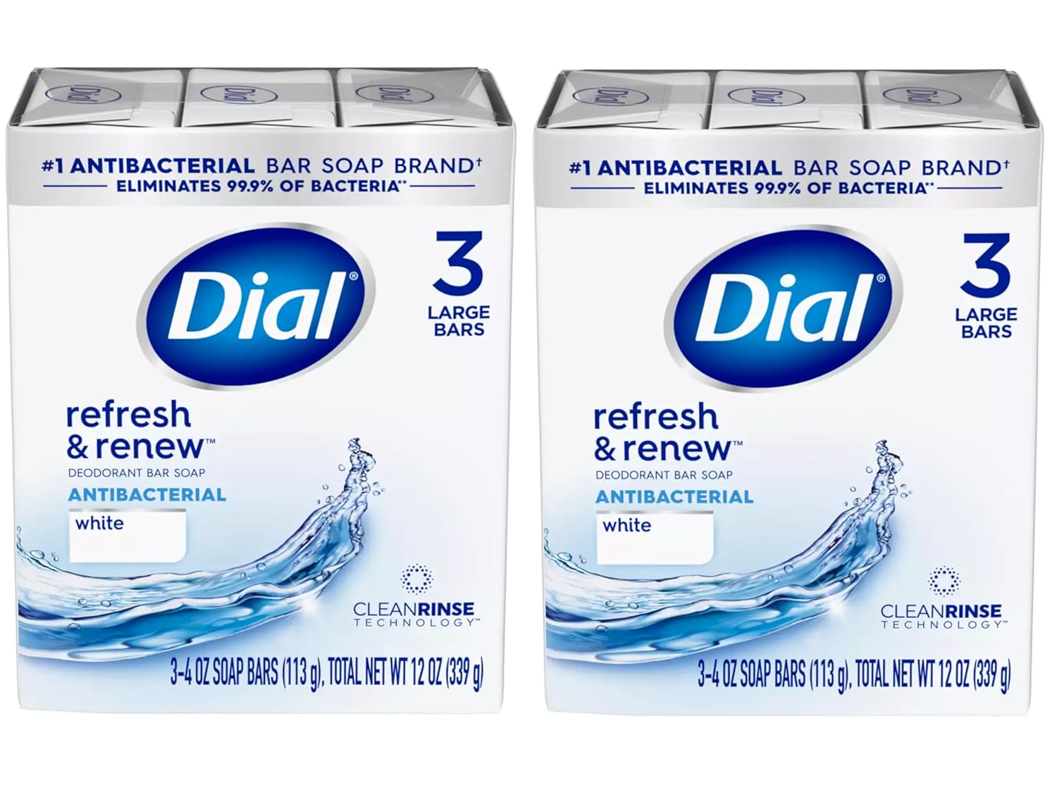 Dial Antibacterial Bar Soap, Refresh &amp; Renew, White, 3-4 OZ Soap Bars - 2 Pack
