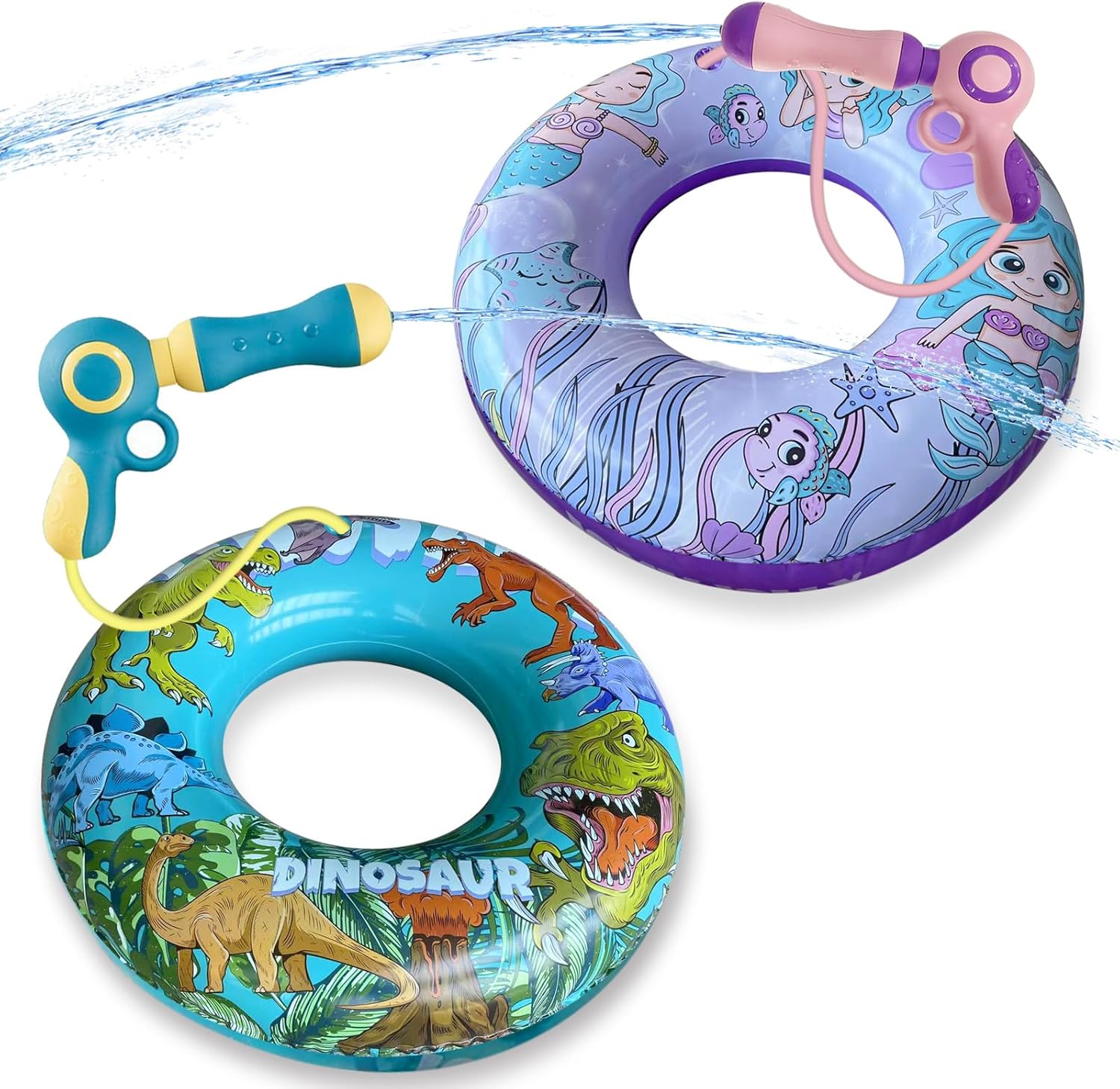 2 Pack Kids Pool Float with Water Gun, Inflatable Swim Ring Pool Toys for Kids Ages 3-12, Dinosaur &amp; Mermaid Squirt Gun Floaties for Pool Party, Beach, Backyard Water Fight Summer Toy