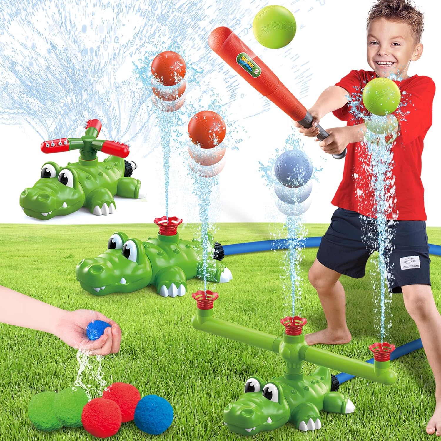 Intoypad 4-in-1 Kids Water Sprinklers T Ball Set &amp; Water Ball Toy, Crocodile Baseball Sprinkler for Backyard Outdoor Summer Toys for Boys Girls Outside Yard Water Game Toys for Kids Toddlers Ages 