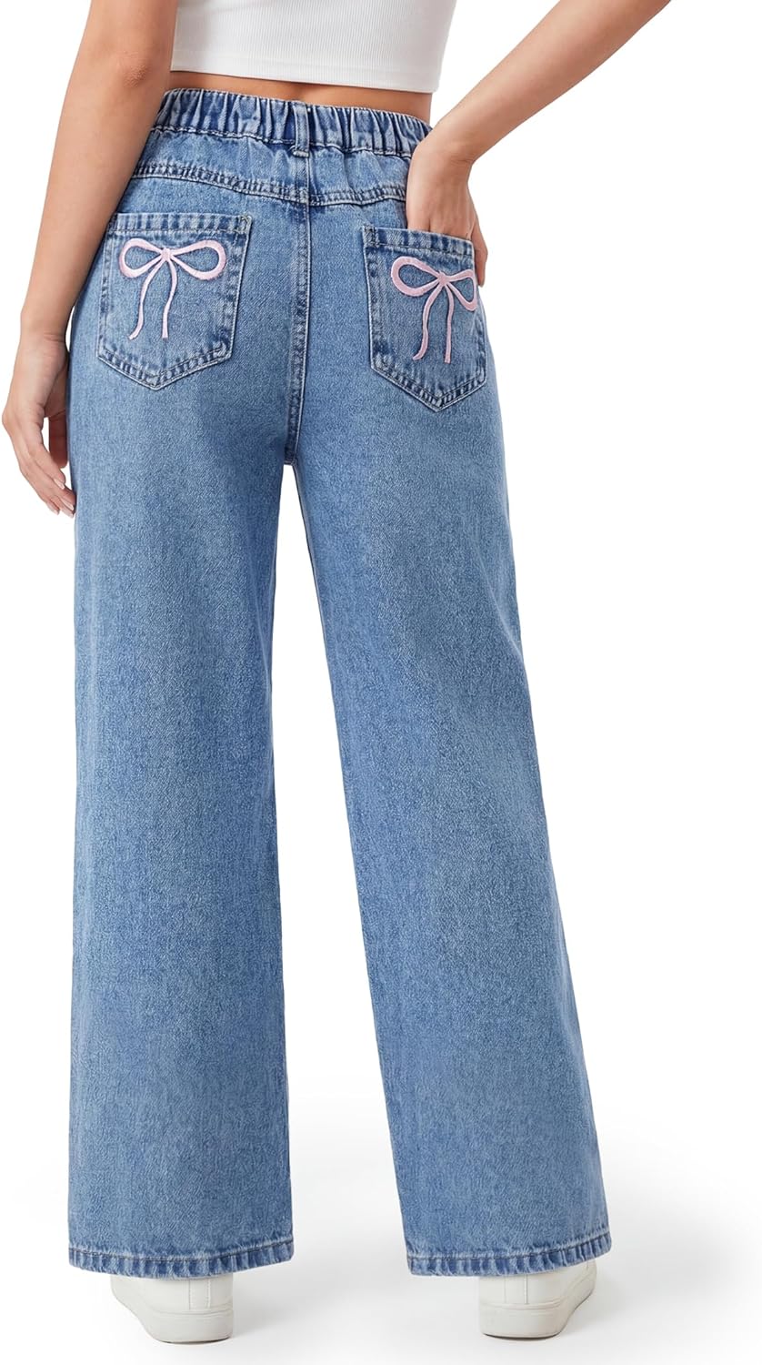 PATPAT Girls Baggy Wide Leg Jeans 5-14 Years, Cute Bow Embroidery Elastic Waist Denim Pants with Zipper Fly, Y2K Streetwear